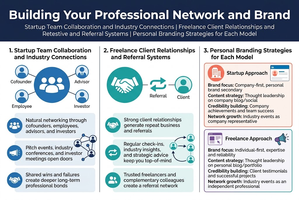 Create a clean professional infographic illustration in a 3:2 aspect ratio, full-bleed wide layout, with no outer frame. Use a modern sans-serif font, strong visual hierarchy, and a polished startup-business color palette of navy blue, teal, white, and coral accents.

Top header across the full width:
Large bold title text: "Building Your Professional Network and Brand"
Subtitle beneath in smaller text: "Startup Team Collaboration and Industry Connections | Freelance Client Relationships and Referral Systems | Personal Branding Strategies for Each Model"

Main body in three wide horizontal sections or three side-by-side columns with clear dividers:

LEFT SECTION: "1. Startup Team Collaboration and Industry Connections"
Use a blue circular icon of a team, with small connected icons for cofounder, employee, advisor, and investor.
Include three short bullet blocks with icons:
- "Natural networking through cofounders, employees, advisors, and investors"
- "Pitch events, industry conferences, and investor meetings open doors"
- "Shared wins and failures create deeper long-term professional bonds"
Add a small connected network graphic showing links between startup team members and industry contacts.

MIDDLE SECTION: "2. Freelance Client Relationships and Referral Systems"
Use a teal circular icon of a handshake, with a referral arrows icon and a client profile icon.
Include three short bullet blocks:
- "Strong client relationships generate repeat business and referrals"
- "Regular check-ins, industry insights, and strategic advice keep you top-of-mind"
- "Trusted freelancers and complementary colleagues create a referral network"
Add a simple looped arrow diagram showing one client leading to multiple referrals.

RIGHT SECTION: "3. Personal Branding Strategies for Each Model"
Split this section into two stacked comparison boxes with a clear divider:

Top box title: "Startup Approach"
Use a coral icon of a company building and a LinkedIn-style profile card.
Add four concise lines:
- "Brand focus: Company-first, personal brand secondary"
- "Content strategy: Thought leadership on company blog/social"
- "Credibility building: Company achievements and team success"
- "Network growth: Industry events as company representative"

Bottom box title: "Freelance Approach"
Use a purple or teal icon of a personal website/portfolio card and a megaphone.
Add