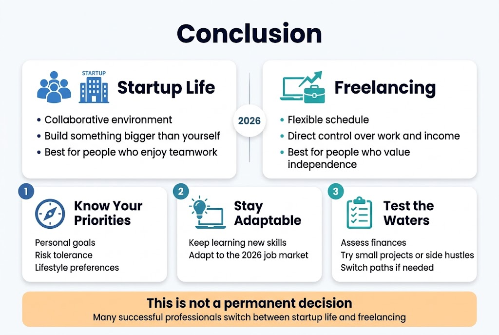 Create a full-bleed 3:2 landscape infographic with a clean professional modern style, white background with blue, teal, and orange accents, bold sans-serif typography, and clear section hierarchy.

Top center: large bold heading in dark navy text: "Conclusion"

Below the heading, create a wide two-column comparison layout across the middle:
Left column with a blue icon of a group of people and a startup building, title in bold: "Startup Life"
Under it, short bullet points in dark text:
• "Collaborative environment"
• "Build something bigger than yourself"
• "Best for people who enjoy teamwork"

Right column with a teal icon of a laptop, briefcase, and upward arrow, title in bold: "Freelancing"
Under it, short bullet points in dark text:
• "Flexible schedule"
• "Direct control over work and income"
• "Best for people who value independence"

Between the two columns, place a subtle vertical divider with a small circular badge reading: "2026"

Lower wide section spanning the page with three numbered blocks in a horizontal row, each with its own icon:
1. A compass icon and bold label: "Know Your Priorities"
   Text: "Personal goals"
   Text: "Risk tolerance"
   Text: "Lifestyle preferences"

2. A lightbulb and laptop icon and bold label: "Stay Adaptable"
   Text: "Keep learning new skills"
   Text: "Adapt to the 2026 job market"

3. A checklist icon and bold label: "Test the Waters"
   Text: "Assess finances"
   Text: "Try small projects or side hustles"
   Text: "Switch paths if needed"

Bottom band across the full width with a highlighted callout box in soft orange:
Bold text: "This is not a permanent decision"
Smaller text beneath: "Many successful professionals switch between startup life and freelancing"

Use wide horizontal spacing, balanced alignment, rounded cards, subtle shadows,