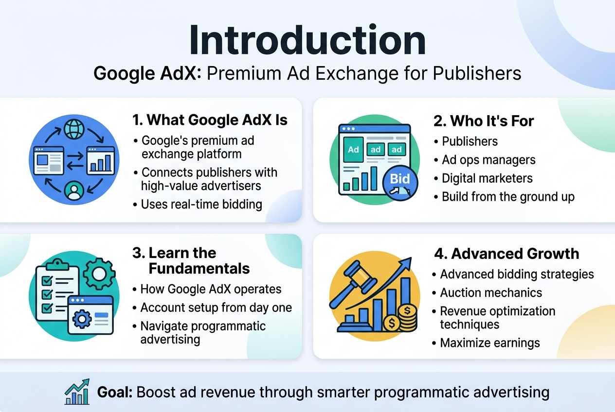Create a clean, professional infographic illustration in a 3:2 aspect ratio with a full-bleed layout, no frame, no inset margins, and no narrow centered stack. Use a modern tech style with a white or very light gray background, Google-inspired blue accents, teal highlights, dark charcoal text, and subtle gradient shapes. Use bold sans-serif typography for the title and smaller readable sans-serif body text.

Top header across the full width:
Large bold title text: "Introduction"
Subtitle beneath in smaller text: "Google AdX: Premium Ad Exchange for Publishers"

Main content arranged in four wide horizontal sections or cards across the page, using icons and numbered labels:

1) Left upper section:
A blue circular icon showing a connected ad exchange network with arrows between a publisher page and advertiser bids.
Text:
"1. What Google AdX Is"
"Google's premium ad exchange platform"
"Connects publishers with high-value advertisers"
"Uses real-time bidding"

2) Right upper section:
A green and blue icon of a publisher dashboard with ad slots, analytics bars, and a bid auction symbol.
Text:
"2. Who It's For"
"Publishers"
"Ad ops managers"
"Digital marketers"
"Build from the ground up"

3) Left lower section:
A teal icon of a setup checklist, gear, and account window.
Text:
"3. Learn the Fundamentals"
"How Google AdX operates"
"Account setup from day one"
"Navigate programmatic advertising"

4) Right lower section:
A gold and blue icon of a bidding auction gavel, rising bar chart, and revenue coins.
Text:
"4. Advanced Growth"
"Advanced bidding strategies"
"Auction mechanics"
"Revenue optimization techniques"
"Maximize earnings"

Add a slim bottom band spanning the width with a clean callout and small icon of an upward arrow over a chart:
Text:
"Goal: Boost ad revenue through smarter programmatic advertising"

Use clear visual hierarchy, strong section labels, simple infographic icons, generous spacing, and balanced left-right composition. Keep all text sharp and legible, with the title the largest element and the four sections evenly emphasized.