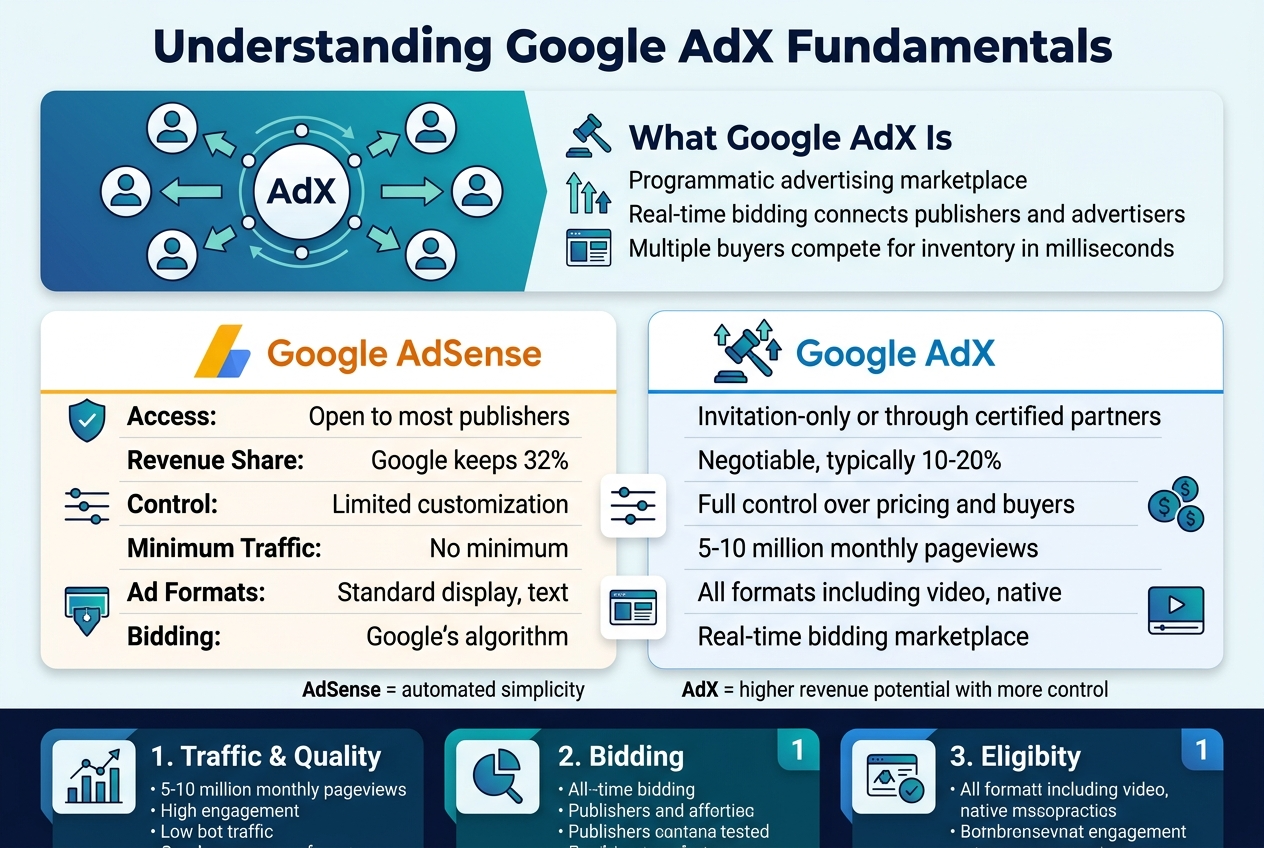 Create a clean, professional full-bleed infographic in a 3:2 aspect ratio with a modern blue, teal, white, and dark navy color palette, subtle gradients, crisp vector icons, and strong sans-serif typography. Use a wide horizontal layout with three main content sections across the canvas, not a narrow vertical poster. Add a bold title at the top center in large dark navy text: "Understanding Google AdX Fundamentals".

Top section: a wide banner with a stylized auction marketplace illustration on the left and a short definition block on the right. Show a circular AdX hub connected to multiple advertiser icons and bid arrows. Include the heading: "What Google AdX Is" and the body text: "Programmatic advertising marketplace", "Real-time bidding connects publishers and advertisers", "Multiple buyers compete for inventory in milliseconds". Add small icons for auction gavel, bid arrows, and ad slots.

Middle section: two side-by-side comparison cards across the center, with a clear divider. Left card titled: "Google AdSense" in orange accents, with a simple single-lane flow icon. Right card titled: "Google AdX" in blue accents, with a multi-bid auction icon. Include a clean comparison list with these exact rows:
"Access: Open to most publishers | Invitation-only or through certified partners"
"Revenue Share: Google keeps 32% | Negotiable, typically 10-20%"
"Control: Limited customization | Full control over pricing and buyers"
"Minimum Traffic: No minimum | 5-10 million monthly pageviews"
"Ad Formats: Standard display, text | All formats including video, native"
"Bidding: Google’s algorithm | Real-time bidding marketplace"
Add a small caption strip beneath the cards with the exact text: "AdSense = automated simplicity" and "AdX = higher revenue potential with more control". Include small visual cues such as a shield, sliders, dollar symbols, and a video/play icon.

Bottom section: three horizontally arranged eligibility blocks with icons and numbered markers. Left block titled: "1. Traffic & Quality" with a traffic chart icon, and text: "5-10 million monthly pageviews", "High engagement", "Low bot traffic", "Good user