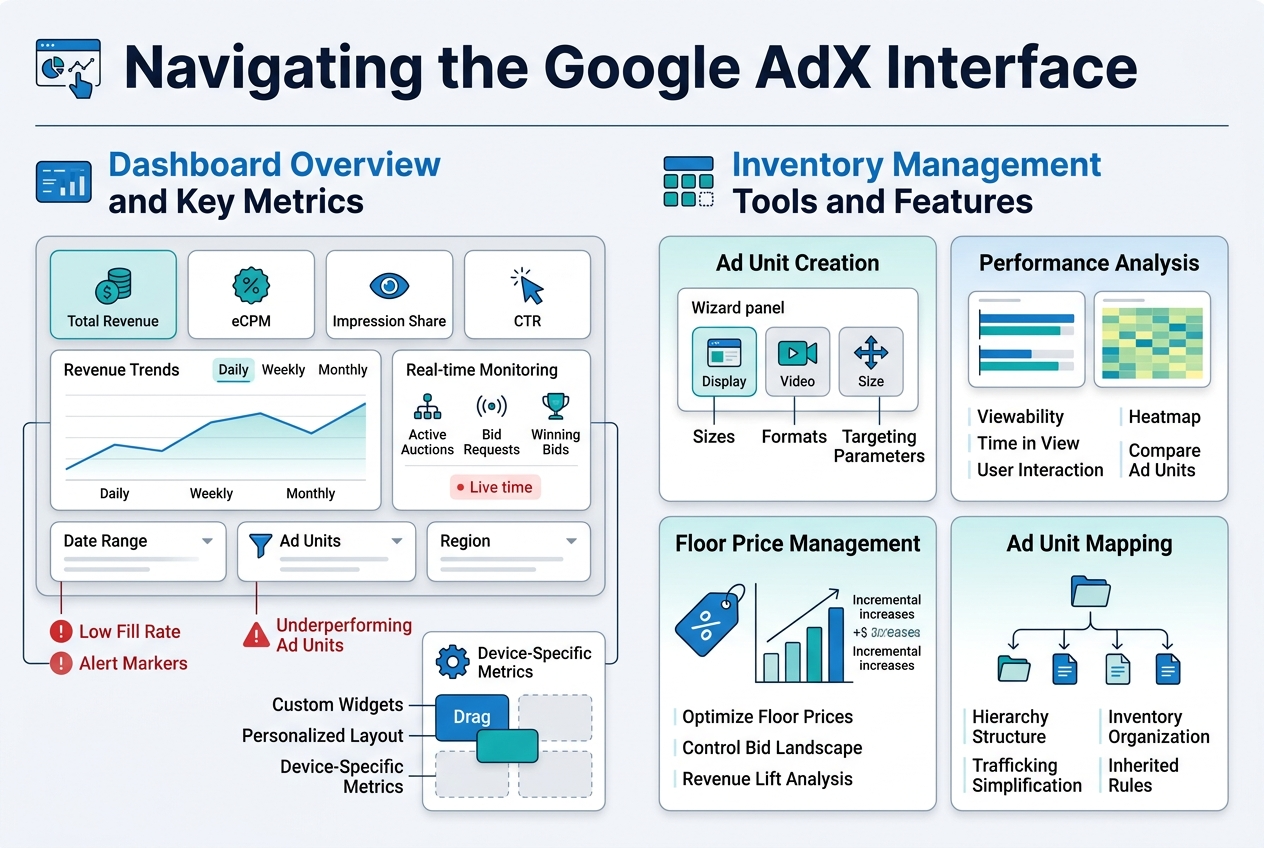 Create a clean professional infographic in a 3:2 aspect ratio, full-bleed wide layout, with a modern Google-style color palette of blue, teal, white, and light gray, subtle gradients, thin divider lines, and bold sans-serif typography.

Top header spanning the full width: large bold title text in dark navy, "Navigating the Google AdX Interface". Add a small dashboard/analytics icon beside the title.

Below the title, organize the infographic into two wide horizontal sections with multi-column blocks, not a vertical poster.

LEFT HALF: "Dashboard Overview and Key Metrics"
- Section header in bold blue text with a dashboard icon.
- A large mock dashboard panel with widgets and charts.
- Include labeled metric tiles across the top: "Total Revenue", "eCPM", "Impression Share", "CTR".
- Add a revenue line chart labeled "Revenue Trends" with three time labels: "Daily", "Weekly", "Monthly".
- Add a real-time monitoring panel with small icons and labels: "Active Auctions", "Bid Requests", "Winning Bids".
- Add filter dropdown visuals labeled: "Date Range", "Ad Units", "Region".
- Include alert markers with red accent text: "Low Fill Rate" and "Underperforming Ad Units".
- Add a small customization panel with labels: "Custom Widgets", "Personalized Layout", "Device-Specific Metrics".
- Use icons: coin, percentage, eye, cursor, live signal, warning triangle, filter funnel, gear, drag widget blocks.

RIGHT HALF: "Inventory Management Tools and Features"
- Section header in bold blue text with an inventory/grid icon.
- Divide into four stacked wide cards across the right half.
1. Card title: "Ad Unit Creation"
   - Show a wizard panel with icons for display, video, and size selection.
   - Labels: "Sizes", "Formats", "Targeting Parameters".
2. Card title: "Performance Analysis"
   - Show side-by-side comparison bars and a small heatmap.
   - Labels: "Viewability", "Time in View", "User Interaction", "Compare Ad Units".
3. Card title: "Floor Price Management"
   - Show a price tag icon and ascending