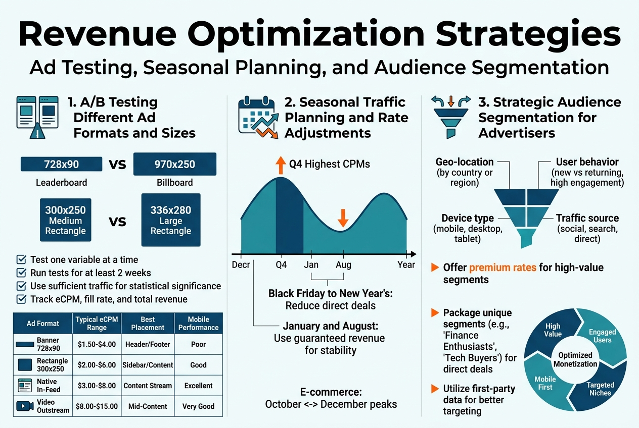 Create a full-bleed professional infographic in aspect ratio 3:2 with a clean modern finance/analytics style, white background, deep blue and teal accents, orange highlight color, bold sans-serif fonts, and strong visual hierarchy.

Top header across full width:
Large bold title text: "Revenue Optimization Strategies"
Subtitle beneath in smaller text: "Ad Testing, Seasonal Planning, and Audience Segmentation"

Use a wide three-column layout with clear section blocks and icons.

Left section: "1. A/B Testing Different Ad Formats and Sizes"
Include a split-test icon with two ad cards.
Show a side-by-side comparison visual of:
"728x90 Leaderboard" vs "970x250 Billboard"
"300x250 Medium Rectangle" vs "336x280 Large Rectangle"
Add a small checklist line block with these points:
"Test one variable at a time"
"Run tests for at least 2 weeks"
"Use sufficient traffic for statistical significance"
"Track eCPM, fill rate, and total revenue"
Add a small comparison table with 4 rows and 4 columns, styled cleanly:
Header row text: "Ad Format" | "Typical eCPM Range" | "Best Placement" | "Mobile Performance"
Row 1: "Banner 728x90" | "$1.50-$4.00" | "Header/Footer" | "Poor"
Row 2: "Rectangle 300x250" | "$2.00-$6.00" | "Sidebar/Content" | "Good"
Row 3: "Native In-Feed" | "$3.00-$8.00" | "Content Stream" | "Excellent"
Row 4: "Video Outstream" | "$8.00-$15.00" | "Mid-Content" | "Very Good"
Add small icons for banner, native feed, and video.

Center section: "2. Seasonal Traffic Planning and Rate Adjustments"
Use a calendar icon and upward/downward trend arrows.
Show a year timeline or seasonal curve with labels:
"Q4 Highest CPMs"
"Black Friday to New Year's: Reduce direct deals"
"January and August: Use guaranteed revenue for stability"
"E-commerce: October