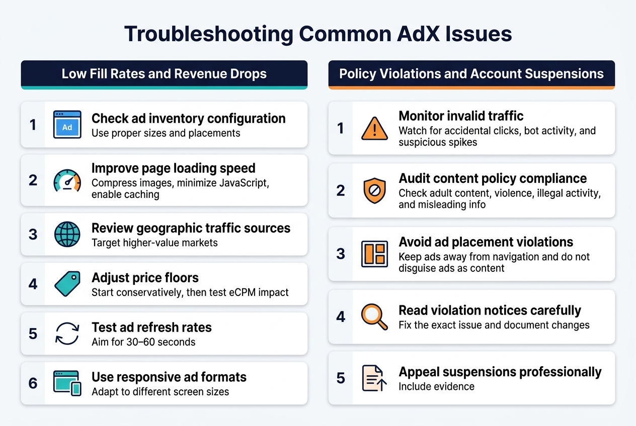 Create a clean, professional full-bleed infographic in a 3:2 aspect ratio with a modern white background, dark navy headings, teal and orange accent colors, and crisp sans-serif typography. Place a bold title across the top center: "Troubleshooting Common AdX Issues". Use a wide two-column layout with section headers and numbered blocks, not a vertical poster.

Left column, section header in navy with teal underline: "Low Fill Rates and Revenue Drops"
Use 6 numbered horizontal cards with simple icons:
1. A blue ad slot icon: "Check ad inventory configuration" and smaller line: "Use proper sizes and placements"
2. A speedometer icon: "Improve page loading speed" and smaller line: "Compress images, minimize JavaScript, enable caching"
3. A globe icon: "Review geographic traffic sources" and smaller line: "Target higher-value markets"
4. A price tag icon: "Adjust price floors" and smaller line: "Start conservatively, then test eCPM impact"
5. A refresh arrows icon: "Test ad refresh rates" and smaller line: "Aim for 30–60 seconds"
6. A responsive screen icon: "Use responsive ad formats" and smaller line: "Adapt to different screen sizes"

Right column, section header in navy with orange underline: "Policy Violations and Account Suspensions"
Use 6 numbered horizontal cards with simple icons:
1. A warning triangle icon: "Monitor invalid traffic" and smaller line: "Watch for accidental clicks, bot activity, and suspicious spikes"
2. A content shield icon: "Audit content policy compliance" and smaller line: "Check adult content, violence, illegal activity, and misleading info"
3. A layout grid icon: "Avoid ad placement violations" and smaller line: "Keep ads away from navigation and do not disguise ads as content"
4. A magnifying glass icon: "Read violation notices carefully" and smaller line: "Fix the exact issue and document changes"
5. A document and upward arrow icon: "Appeal suspensions professionally" and smaller line: "Include evidence