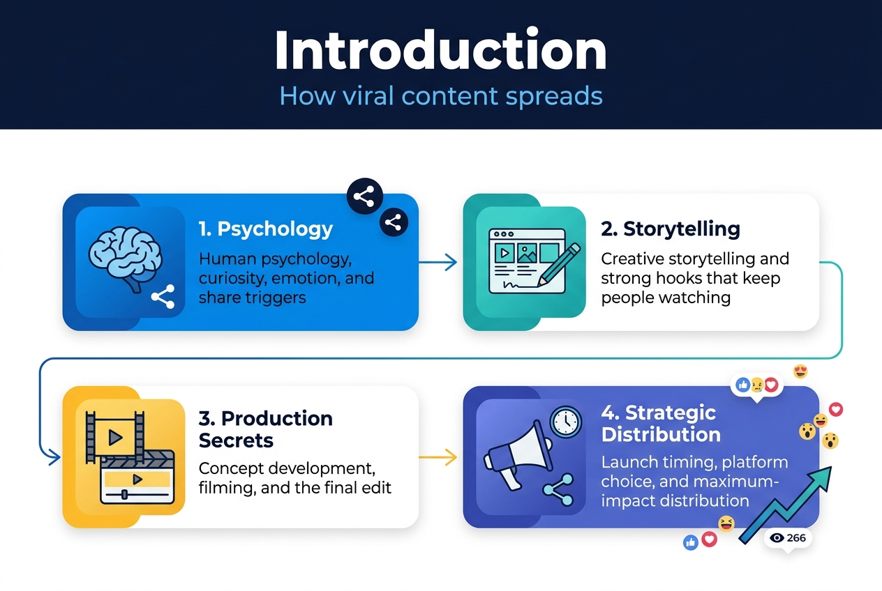 Create a clean, professional infographic illustration in a 3:2 aspect ratio, full-bleed wide layout with no frame or inset border. Use a modern palette of deep navy, electric blue, teal, white, and warm yellow accents. Use bold sans-serif typography for the heading and clear smaller sans-serif text for body copy. 

Top across the full width: large bold heading in white text on a dark navy banner: "Introduction". Beneath it, a smaller subtitle in light blue text: "How viral content spreads"

Main content arranged in four wide horizontal sections or panels across the center in a balanced 2x2 grid, with connected arrows flowing from left to right and top to bottom. Use rounded rectangles with subtle gradients and clean iconography.

Section 1, top left: a blue panel with a brain icon and share icons. Title text: "1. Psychology". Body text: "Human psychology, curiosity, emotion, and share triggers"

Section 2, top right: a teal panel with a storyboard and pencil icon. Title text: "2. Storytelling". Body text: "Creative storytelling and strong hooks that keep people watching"

Section 3, bottom left: a yellow-accented panel with a film strip and editing timeline icon. Title text: "3. Production Secrets". Body text: "Concept development, filming, and the final edit"

Section 4, bottom right: a purple-blue panel with a megaphone, clock, and network/share icon. Title text: "4. Strategic Distribution". Body text: "Launch timing, platform choice, and maximum-impact distribution"

Add a thin flowing arrow line connecting all four sections to show progression from idea to viral reach. Include small decorative social media reaction icons, view counters, and upward-trending arrows near the distribution section. Keep spacing wide and open, with clear visual hierarchy and strong contrast.