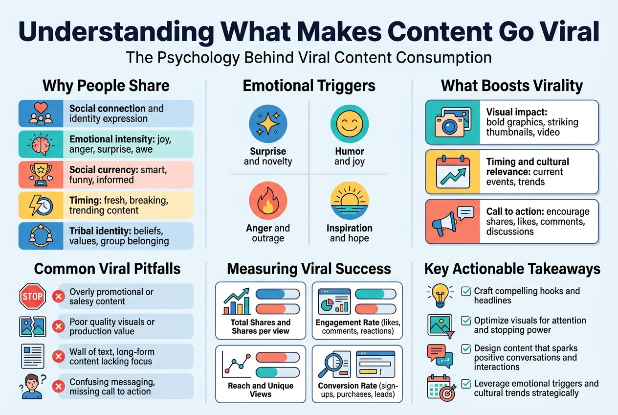 Create a clean professional infographic illustration in a 3:2 aspect ratio with a full-bleed layout, wide horizontal composition, no poster frame, no inset margins, and no narrow centered vertical stack. Use a modern sans-serif font, bold title typography, high contrast, and a polished social-media infographic style in blue, teal, coral, yellow, and white.

At the top across the full width, place a large bold heading in dark navy text: "Understanding What Makes Content Go Viral"
Directly beneath it, place a smaller subtitle: "The Psychology Behind Viral Content Consumption"

Use a wide 2-row, 3-column infographic layout with clean section blocks and icons.

LEFT TOP SECTION:
Title: "Why People Share"
Use four horizontal mini-blocks with icons and short text:
1. A heart-and-people icon with the text: "Social connection and identity expression"
2. A glowing brain icon with the text: "Emotional intensity: joy, anger, surprise, awe"
3. A trophy/social badge icon with the text: "Social currency: smart, funny, informed"
4. A lightning bolt and clock icon with the text: "Timing: fresh, breaking, trending content"
Include a fifth mini-block with a group-circle icon and the text: "Tribal identity: beliefs, values, group belonging"

CENTER TOP SECTION:
Title: "Emotional Triggers"
Show a 4-quadrant grid with colorful circular icons and short labels:
- Sparkle icon with text: "Surprise and novelty"
- Smile icon with text: "Humor and joy"
- Fire icon with text: "Anger and outrage"
- Sunrise icon with text: "Inspiration and hope"

RIGHT TOP SECTION:
Title: "What Boosts Virality"
Use three stacked cards with icons:
- Camera/image icon with text: "Visual impact: bold graphics, striking thumbnails, video"
- Calendar and trend arrow icon with text: "Timing and cultural relevance: current