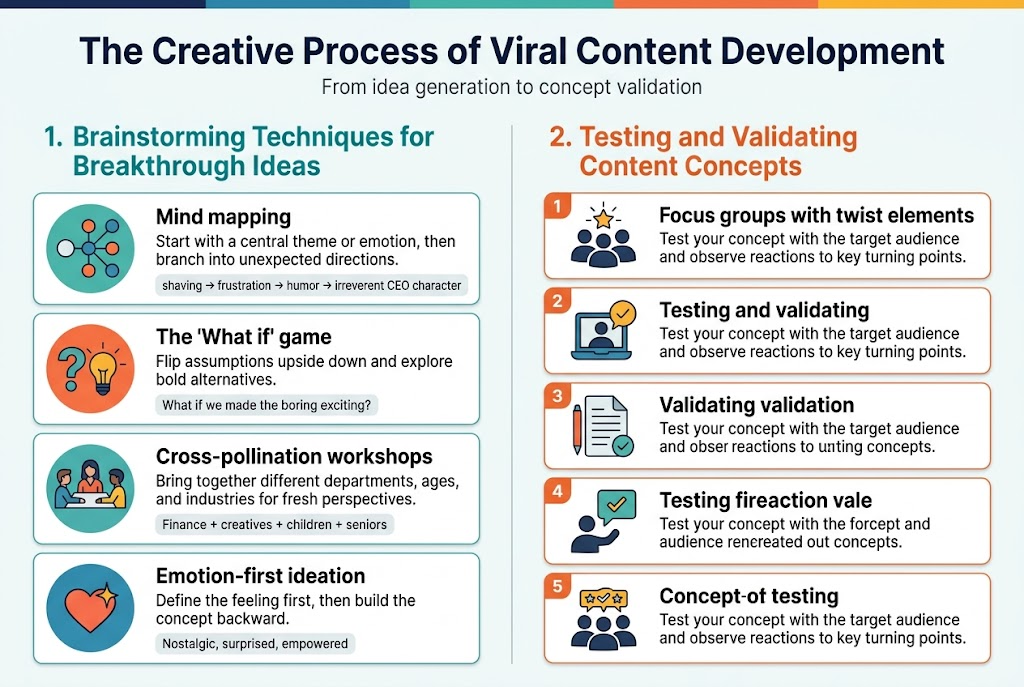 Create a full-bleed professional infographic illustration in aspect ratio 3:2 with a clean modern editorial style, white background, bold navy title at the top: "The Creative Process of Viral Content Development". Use a wide two-column layout with strong visual hierarchy, colorful accent blocks, thin dividing lines, and flat vector icons. Use sans-serif fonts, large headings, smaller body text, and clear numbered sections.

Top header bar across the full width with the title centered in bold navy, and a small subtitle beneath in gray: "From idea generation to concept validation". 

Left half: a section header in teal, "1. Brainstorming Techniques for Breakthrough Ideas", with four stacked horizontal cards, each with a circular icon on the left and a bold label plus short description on the right.
Card 1 icon: branching mind map nodes. Text: "Mind mapping" and smaller text: "Start with a central theme or emotion, then branch into unexpected directions."
Add a small example callout beneath in a light gray box: "shaving → frustration → humor → irreverent CEO character"
Card 2 icon: question mark and lightbulb. Text: "The 'What if' game" and smaller text: "Flip assumptions upside down and explore bold alternatives."
Add a small example line: "What if we made the boring exciting?"
Card 3 icon: people from different backgrounds around a table. Text: "Cross-pollination workshops" and smaller text: "Bring together different departments, ages, and industries for fresh perspectives."
Add a small example line: "Finance + creatives + children + seniors"
Card 4 icon: heart with spark. Text: "Emotion-first ideation" and smaller text: "Define the feeling first, then build the concept backward."
Add a small example line: "Nostalgic, surprised, empowered"

Right half: a section header in orange, "2. Testing and Validating Content Concepts", with five stacked horizontal cards, each with a numbered badge and icon.
Card 1 icon: group silhouette with a starburst. Text: "Focus groups with twist elements" and smaller text: "Test your concept with the target audience and