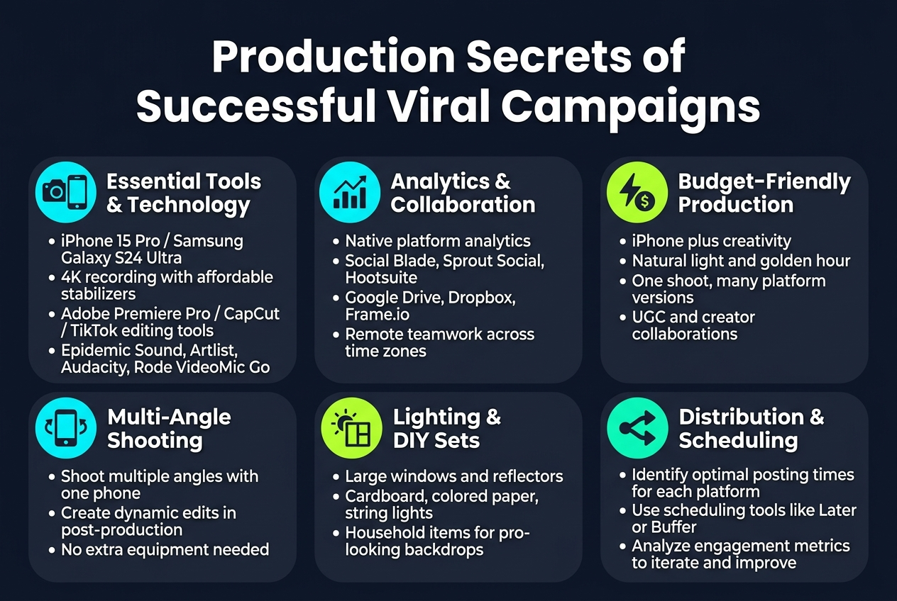 Create a clean, modern infographic in a 3:2 aspect ratio with a full-bleed layout, no frame, no narrow centered stack. Use a professional social-media style with a dark navy background, white text, cyan and neon green accent colors, and subtle orange highlights. Use bold sans-serif typography with a large title at the top.

Top center headline in large bold text: "Production Secrets of Successful Viral Campaigns"

Below the title, arrange the infographic in two wide horizontal rows of rounded rectangular sections with icons and short text blocks, using a 3-column grid for the top row and a 3-column grid for the bottom row. Each section should have a colored circular icon at the left of the section title.

Top row section 1: camera and phone icon. Title text: "Essential Tools & Technology". Include 4 short bullet-style lines:
• "iPhone 15 Pro / Samsung Galaxy S24 Ultra"
• "4K recording with affordable stabilizers"
• "Adobe Premiere Pro / CapCut / TikTok editing tools"
• "Epidemic Sound, Artlist, Audacity, Rode VideoMic Go"

Top row section 2: analytics chart icon. Title text: "Analytics & Collaboration". Include 4 short lines:
• "Native platform analytics"
• "Social Blade, Sprout Social, Hootsuite"
• "Google Drive, Dropbox, Frame.io"
• "Remote teamwork across time zones"

Top row section 3: lightning bolt and budget icon. Title text: "Budget-Friendly Production". Include 4 short lines:
• "iPhone plus creativity"
• "Natural light and golden hour"
• "One shoot, many platform versions"
• "UGC and creator collaborations"

Bottom row section 1: phone multi-angle icon. Title text: "Multi-Angle Shooting". Include 3 short lines:
• "Shoot multiple angles with one phone"
• "Create dynamic edits in post-production"
• "No extra equipment needed"

Bottom row section 2: sun and window icon. Title text: "Lighting & DIY Sets". Include 3 short lines:
• "Large windows and reflectors"
• "Cardboard, colored paper, string lights"
• "Household items for pro-looking backdrops"

Bottom row section 3: share arrows icon. Title