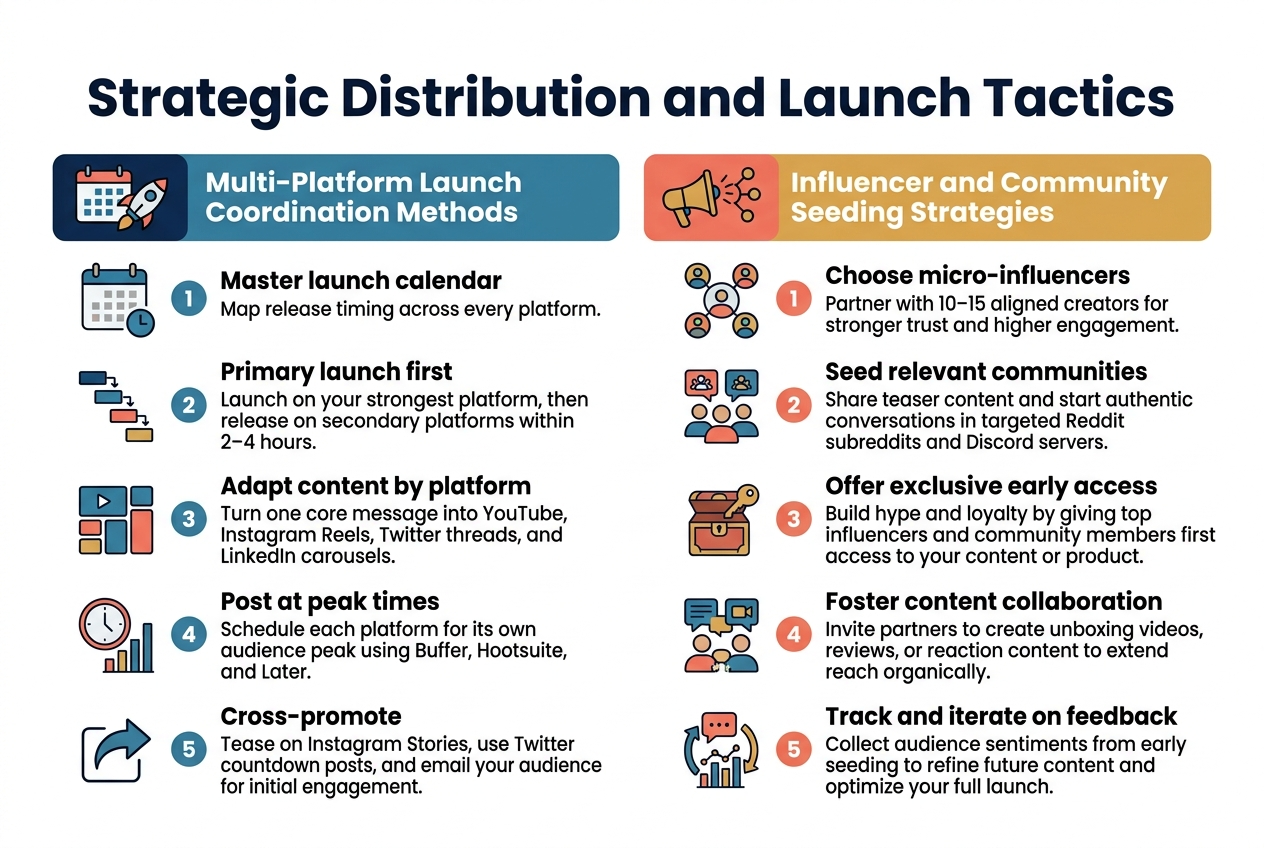 Create a clean, professional full-bleed infographic in 3:2 aspect ratio, wide horizontal layout, modern flat vector style, no border frame, no inset margins, white background with deep navy, teal, coral, and gold accents. Use bold sans-serif typography with strong hierarchy.

Top center: large bold title in dark navy text: "Strategic Distribution and Launch Tactics"

Below the title, arrange the content in two wide side-by-side panels across the page, with clear icons and numbered sections.

LEFT PANEL HEADER: "Multi-Platform Launch Coordination Methods"
Use a blue-teal header bar with a calendar and rocket icon.

Section 1 with a calendar icon and numbered badge "1":
Text:
"Master launch calendar"
"Map release timing across every platform."

Section 2 with a staggered timeline icon and numbered badge "2":
Text:
"Primary launch first"
"Launch on your strongest platform, then release on secondary platforms within 2–4 hours."

Section 3 with a platform tiles icon and numbered badge "3":
Text:
"Adapt content by platform"
"Turn one core message into YouTube, Instagram Reels, Twitter threads, and LinkedIn carousels."

Section 4 with a clock and analytics icon and numbered badge "4":
Text:
"Post at peak times"
"Schedule each platform for its own audience peak using Buffer, Hootsuite, and Later."

Section 5 with a share arrow icon and numbered badge "5":
Text:
"Cross-promote"
"Tease on Instagram Stories, use Twitter countdown posts, and email your audience for initial engagement."

RIGHT PANEL HEADER: "Influencer and Community Seeding Strategies"
Use a coral-gold header bar with a megaphone and network icon.

Section 1 with a micro-influencer avatar cluster icon and numbered badge "1":
Text:
"Choose micro-influencers"
"Partner with 10–15 aligned creators for stronger trust and higher engagement."

Section 2 with community group icons and numbered badge "2":
Text:
"Seed relevant