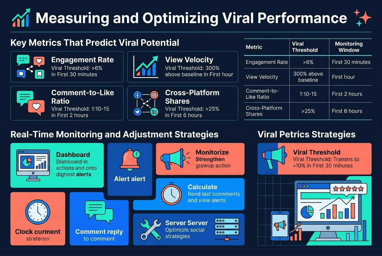 Create a clean, professional full-bleed infographic illustration in a 3:2 aspect ratio with a modern dark navy background, bright teal, electric blue, coral, and white accents, crisp sans-serif typography, subtle grid lines, and clear visual hierarchy.

Top header across the full width: large bold title text in white, "Measuring and Optimizing Viral Performance", with a small upward-trending chart icon and spark icons beside it.

Below the title, organize the infographic into three wide horizontal sections with distinct colored panels and icons, using a balanced multi-column layout, not a vertical poster.

SECTION 1 on the upper left and center: heading text, "Key Metrics That Predict Viral Potential", with four metric cards arranged in a 2x2 grid. Each card should have a bold metric label, a small icon, and a threshold line:
1) a speech bubble, heart, share, and save icon cluster with text "Engagement Rate" and "Viral Threshold: >6% in First 30 minutes"
2) an արագ growth line chart icon with text "View Velocity" and "Viral Threshold: 300% above baseline in First hour"
3) a comment bubble and like heart icon with text "Comment-to-Like Ratio" and "Viral Threshold: 1:10-15 in First 2 hours"
4) a connected social platforms icon with text "Cross-Platform Shares" and "Viral Threshold: >25% in First 6 hours"

To the right of these cards, include a compact table with a clean header row and thin dividers, showing exactly:
"Metric | Viral Threshold | Monitoring Window"
"Engagement Rate | >6% | First 30 minutes"
"View Velocity | 300% above baseline | First hour"
"Comment-to-Like Ratio | 1:10-15 | First 2 hours"
"Cross-Platform Shares | >25% | First 6 hours"

SECTION 2 across the middle width: heading text, "Real-Time Monitoring and Adjustment Strategies", with five icon-based action blocks laid out in a wide row or staggered grid. Include a dashboard monitor icon, alert bell icon, megaphone icon, clock icon, comment reply icon, and wrench/server icon.