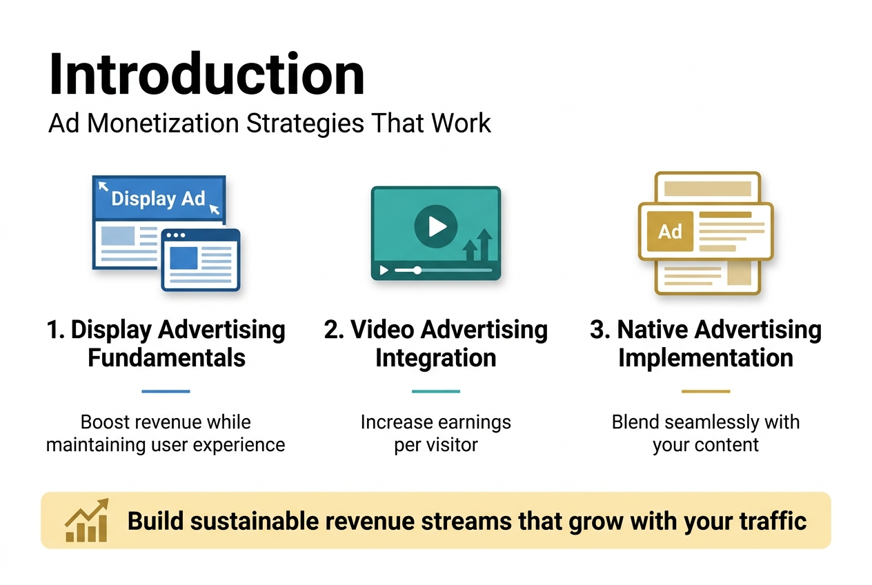 Aspect ratio 3:2, full-bleed modern infographic on a clean white background with blue, teal, and gold accents, professional sans-serif typography, strong visual hierarchy. Large bold heading at the top left: "Introduction". Subheading beneath it in smaller text: "Ad Monetization Strategies That Work".

Across the center in three wide horizontal sections or three equal columns, use numbered blocks with clear icons:

1. Left section: a blue display ad banner icon and a browser window icon. Title text: "1. Display Advertising Fundamentals". Short supporting line: "Boost revenue while maintaining user experience".

2. Center section: a teal video player icon with a play button and small revenue arrows upward. Title text: "2. Video Advertising Integration". Short supporting line: "Increase earnings per visitor".

3. Right section: a gold native ad card icon blended into an article layout. Title text: "3. Native Advertising Implementation". Short supporting line: "Blend seamlessly with your content".

At the bottom, add a wide highlighted summary bar with an upward growth chart icon and the text: "Build sustainable revenue streams that grow with your traffic".

Use clean spacing, crisp edges, subtle shadows, and a polished editorial infographic style. Make the layout wide, balanced, and easy to scan, with icons aligned above each section title and concise text only.