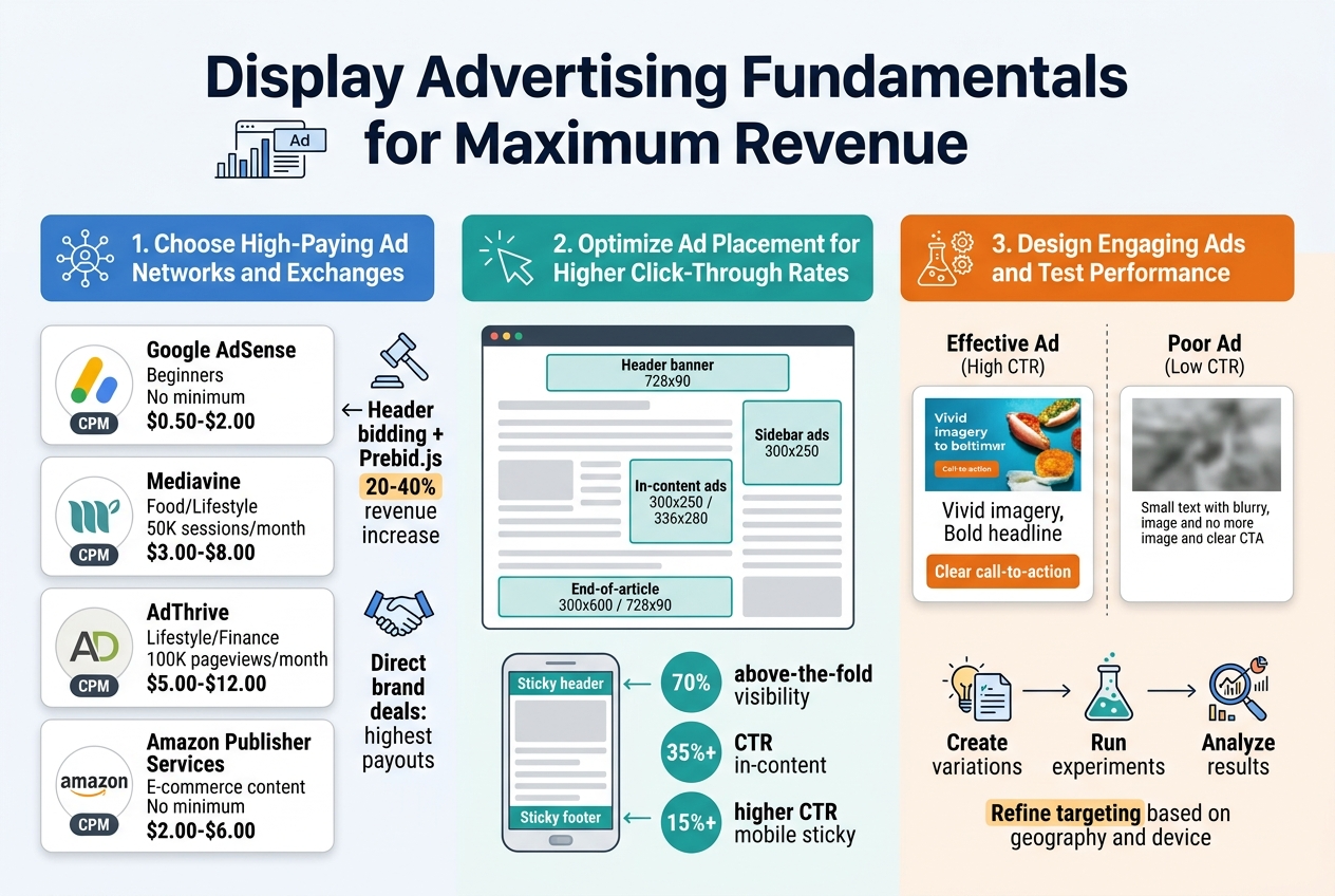 Create a clean, professional full-bleed infographic in 3:2 aspect ratio with a wide horizontal layout, modern sans-serif fonts, blue, teal, orange, and dark gray color palette, subtle white background, and clear visual hierarchy.

Top center: large bold title text in dark navy, "Display Advertising Fundamentals for Maximum Revenue". Add a small line icon of a bar chart and ad banner beside the title.

Below the title, divide the design into 3 wide horizontal sections with clear blocks and icons:

LEFT SECTION: "1. Choose High-Paying Ad Networks and Exchanges"
Use a blue header bar with a network icon. Include four stacked comparison cards with small logo-style circles and CPM labels:
- "Google AdSense" — "Beginners" — "No minimum" — "$0.50-$2.00"
- "Mediavine" — "Food/Lifestyle" — "50K sessions/month" — "$3.00-$8.00"
- "AdThrive" — "Lifestyle/Finance" — "100K pageviews/month" — "$5.00-$12.00"
- "Amazon Publisher Services" — "E-commerce content" — "No minimum" — "$2.00-$6.00"
Add a small horizontal arrow and text callout: "Header bidding + Prebid.js" with a bidding auction icon, and a highlighted note in orange: "20-40% revenue increase". Add a small handshake icon and text block: "Direct brand deals: highest payouts".

CENTER SECTION: "2. Optimize Ad Placement for Higher Click-Through Rates"
Use a teal header bar with a cursor/click icon. Show a stylized webpage mockup with labeled ad slots placed on a page:
- Top banner labeled "Header banner 728x90"
- Right sidebar box labeled "Sidebar ads 300x250"
- In-content ad box labeled "In-content ads 300x250 / 336x280"
- Bottom ad box labeled "End-of-article 300x600 / 728x90"
Include a mobile phone mockup below with sticky top and bottom ad bars labeled "Sticky header