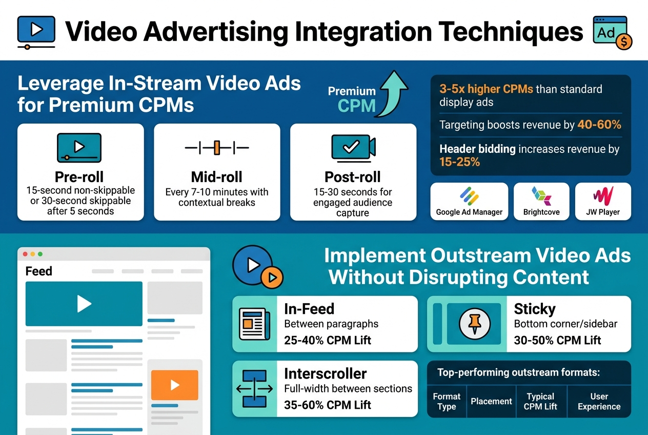 Create a clean, professional full-bleed infographic in a 3:2 aspect ratio with a modern blue, teal, white, and orange color palette, bold sans-serif fonts, and strong visual hierarchy. Use a wide horizontal layout with multiple sections, not a vertical poster. 

Top header across the full width: large bold title text reading "Video Advertising Integration Techniques" with a video play icon and ad dollar icon beside it.

Left upper section titled "Leverage In-Stream Video Ads for Premium CPMs" with a premium CPM upward arrow graphic and three horizontal cards showing:
1. "Pre-roll" with a play-screen icon and text: "15-second non-skippable or 30-second skippable after 5 seconds"
2. "Mid-roll" with a timeline break icon and text: "Every 7-10 minutes with contextual breaks"
3. "Post-roll" with a checkmark/end-screen icon and text: "15-30 seconds for engaged audience capture"

Next to these cards, include a compact stat panel with bold text:
"3-5x higher CPMs than standard display ads"
"Targeting boosts revenue by 40-60%"
"Header bidding increases revenue by 15-25%"

Add small labeled icons for "Google Ad Manager", "Brightcove", and "JW Player" in a row under the stat panel.

Right lower section titled "Implement Outstream Video Ads Without Disrupting Content" with a feed-style website mockup and three feature blocks:
1. "In-Feed" with article card icon and text: "Between paragraphs" and "25-40% CPM Lift"
2. "Sticky" with sidebar pin icon and text: "Bottom corner/sidebar" and "30-50% CPM Lift"
3. "Interscroller" with section divider icon and text: "Full-width between sections" and "35-60% CPM Lift"

Include a small table-style block labeled "Top-performing outstream formats:" with columns "Format Type", "Placement", "Typical CPM Lift", "User Experience" and rows for