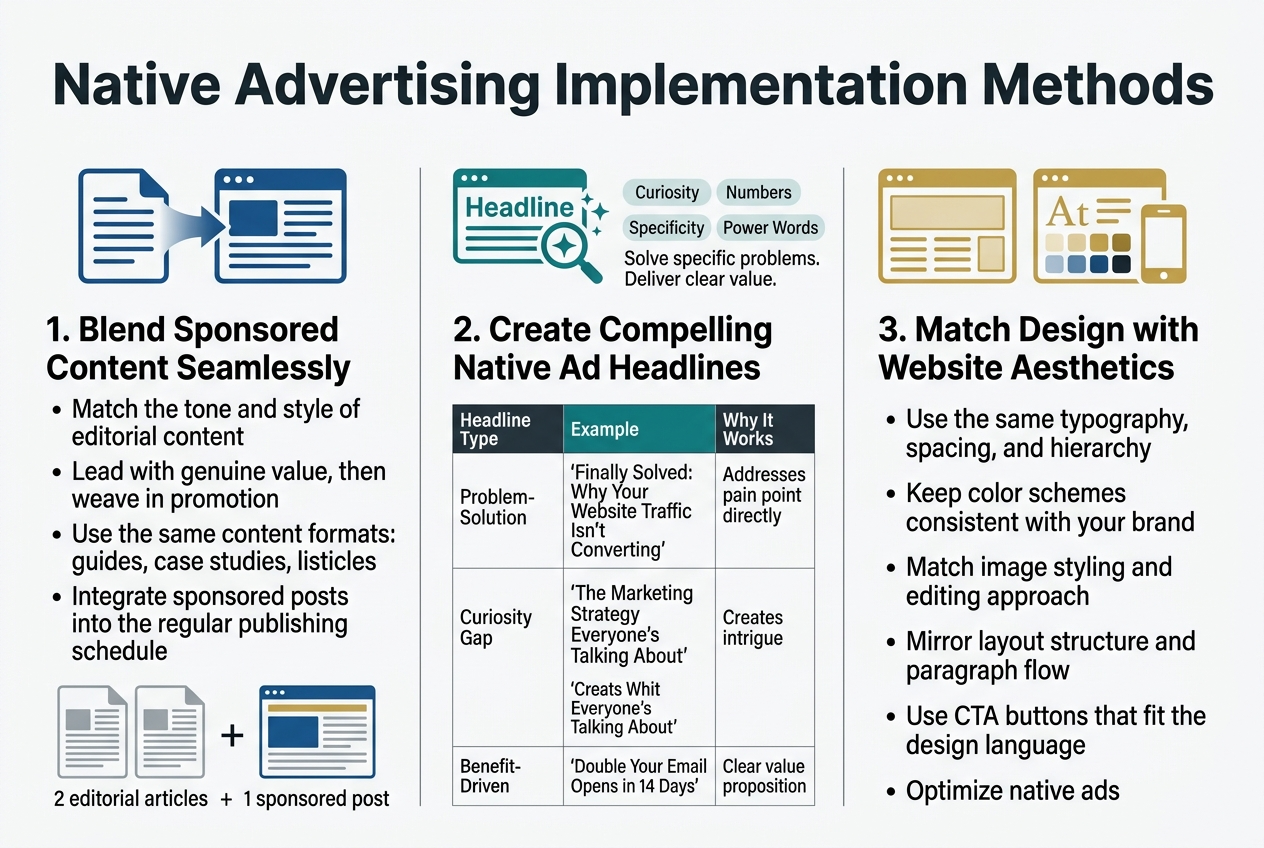 Create a full-bleed 3:2 landscape infographic titled "Native Advertising Implementation Methods" in bold modern sans-serif at the top, with a clean professional editorial style, white background, dark charcoal text, deep blue and teal accents, and subtle gold highlights. Use a wide 3-column layout with clear section blocks, thin dividers, and simple flat icons.

Section 1 on the left: a blue icon of a document blending into a webpage header. Heading: "1. Blend Sponsored Content Seamlessly" with bullet points:
- "Match the tone and style of editorial content"
- "Lead with genuine value, then weave in promotion"
- "Use the same content formats: guides, case studies, listicles"
- "Integrate sponsored posts into the regular publishing schedule"
Add a small visual of "2 editorial articles + 1 sponsored post" in a balanced row.

Section 2 in the center: a teal icon of a headline with a magnifying glass and sparkle. Heading: "2. Create Compelling Native Ad Headlines" with a compact 3-row comparison table labeled "Headline Type | Example | Why It Works". Include exact rows:
- "Problem-Solution | 'Finally Solved: Why Your Website Traffic Isn't Converting' | Addresses pain point directly"
- "Curiosity Gap | 'The Marketing Strategy Everyone's Talking About' | Creates intrigue"
- "Benefit-Driven | 'Double Your Email Opens in 14 Days' | Clear value proposition"
Above the table, add four small label chips: "Curiosity", "Numbers", "Specificity", "Power Words". Include a short callout line: "Solve specific problems. Deliver clear value."

Section 3 on the right: a gold icon of a webpage layout with font, color swatches, and a mobile phone. Heading: "3. Match Design with Website Aesthetics" with bullet points:
- "Use the same typography, spacing, and hierarchy"
- "Keep color schemes consistent with your brand"
- "Match image styling and editing approach"
- "Mirror layout structure and paragraph flow"
- "Use CTA buttons that fit the design language"
- "Optimize native ads