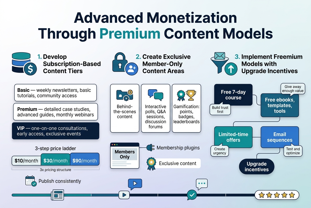 Create a clean, professional full-bleed infographic in a 3:2 aspect ratio, wide horizontal layout, modern sans-serif typography, dark navy and white base with teal, blue, and gold accent colors, subtle gradient background, clear visual hierarchy, crisp vector style, no frame, no inset margins.

Top center: large bold title in white and teal accents: "Advanced Monetization Through Premium Content Models"

Below the title, use three wide horizontal sections across the page with icons and numbered headings:

1) Left section with a layered tier icon and a dollar symbol:
Heading: "Develop Subscription-Based Content Tiers"
Subtext blocks with three stacked tier cards:
- "Basic — weekly newsletters, basic tutorials, community access"
- "Premium — detailed case studies, advanced guides, monthly webinars"
- "VIP — one-on-one consultations, early access, exclusive events"
Include a pricing strip beneath with a 3-step price ladder showing:
"$10/month"
"$30/month"
"$90/month"
Add a small note line: "3x pricing structure"
Add a small calendar icon and a checklist line: "Publish consistently"

2) Center section with a lock icon and members silhouette icon:
Heading: "Create Exclusive Member-Only Content Areas"
Three content cards with small icons:
- "Behind-the-scenes content"
- "Interactive polls, Q&A sessions, discussion forums"
- "Gamification: points, badges, leaderboards"
Add a small website window graphic labeled "Members Only"
Include a line with a plug-in style icon: "Membership plugins"
Add a small spotlight badge: "Exclusive content"

3) Right section with an email funnel icon and upward arrow icon:
Heading: "Implement Freemium Models with Upgrade Incentives"
Use four connected blocks in a conversion flow:
- "Free 7-day course"
- "Free ebooks, templates, tools"
- "Limited-time offers"
- "Email sequences"
Add small callout tags:
"Give away enough value"
"Build trust first"
"Create urgency"
"Test and optimize"
Include a final conversion badge: "Upgrade incentives"

Bottom band across the full width with a clean timeline/engagement strip:
Icons for newsletter, video, chat bubble, and star rating.