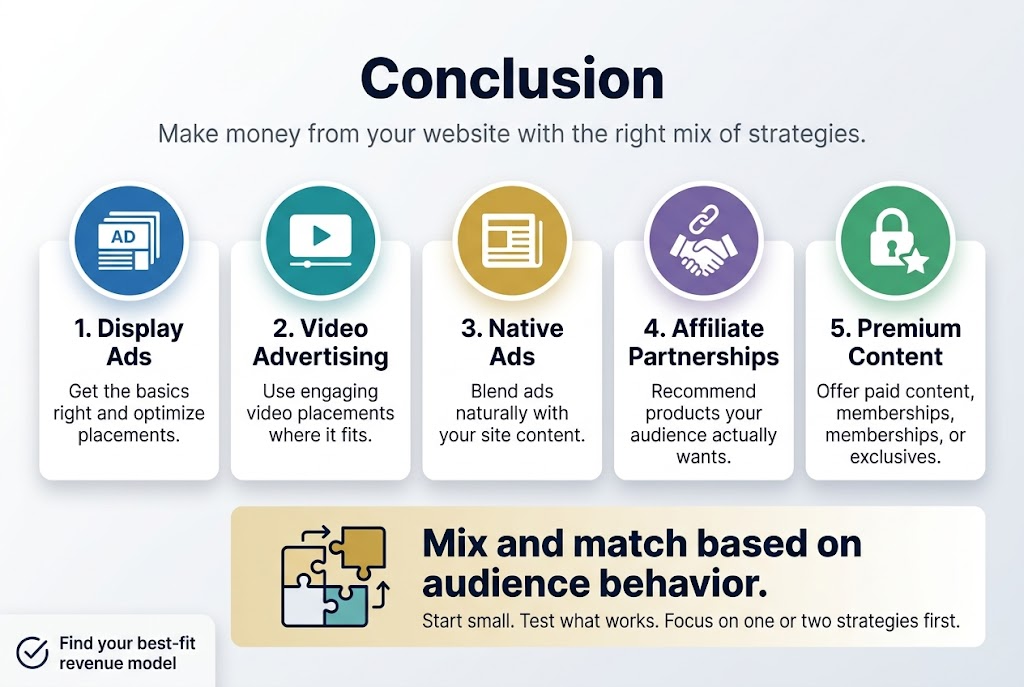 Create a clean, modern infographic in a 3:2 aspect ratio with a full-bleed layout, no frame, no inset margins, and a wide horizontal composition. Use a professional color palette of deep blue, teal, gold, white, and light gray with subtle gradients. Use bold sans-serif typography with strong visual hierarchy.

Top center: large bold heading text in dark navy, "Conclusion". Beneath it, a smaller subtitle in medium gray: "Make money from your website with the right mix of strategies."

Main body: a wide 5-step horizontal row of evenly spaced rectangular blocks across the center, each with a colored circular icon above the text and a numbered label. Use clear icons and short text.

Block 1 on the far left: blue circle icon with stacked ad banners, title text "1. Display Ads", body text "Get the basics right and optimize placements."

Block 2: teal circle icon with a play button, title text "2. Video Advertising", body text "Use engaging video placements where it fits."

Block 3: gold circle icon with a newspaper/content card, title text "3. Native Ads", body text "Blend ads naturally with your site content."

Block 4: purple circle icon with a handshake and link, title text "4. Affiliate Partnerships", body text "Recommend products your audience actually wants."

Block 5 on the far right: green circle icon with a lock and star, title text "5. Premium Content", body text "Offer paid content, memberships, or exclusives."

Below the five blocks, across the lower third, place a wide highlighted banner with a split visual: on the left a simple mix-and-match graphic of interlocking puzzle pieces and arrows; on the right, bold takeaway text in dark navy: "Mix and match based on audience behavior." Under it in smaller text: "Start small. Test what works. Focus on one or two strategies first."

Bottom left corner: a small callout box with a checkmark icon and the text "Find your best-fit revenue model". Bottom right