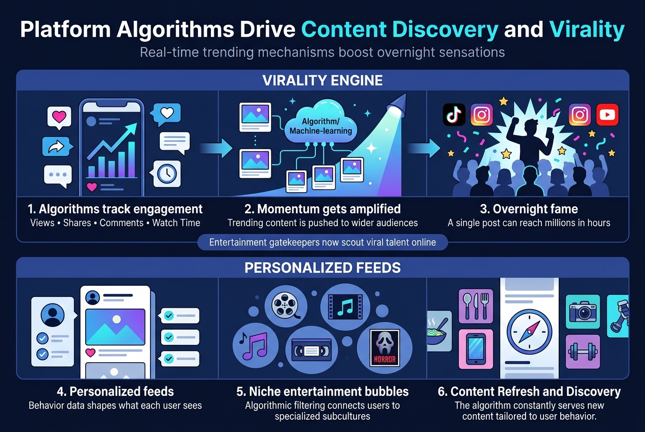 Create a clean, professional infographic illustration in a 3:2 aspect ratio, full-bleed layout with no frame or outer margin, using a modern flat vector style, crisp lines, subtle gradients, and a digital tech color palette of deep navy, electric blue, cyan, purple, white, and small accents of neon pink.

Top header across the full width:
Large bold title in white and cyan: "Platform Algorithms Drive Content Discovery and Virality"
Smaller subtitle beneath in light gray: "Real-time trending mechanisms boost overnight sensations"

Main layout: two wide horizontal sections stacked vertically, each with a bold section heading and three-column content blocks.

SECTION 1: "VIRALITY ENGINE" across the upper half
Use a left-to-right flow with arrows and platform-style cards.

Left block:
A smartphone screen with a rising chart, heart icons, share arrows, comment bubbles, and a watch-time clock icon.
Bold label: "1. Algorithms track engagement"
Small text beneath in white: "Views • Shares • Comments • Watch Time"

Center block:
A glowing algorithm/machine-learning cloud connected to multiple content thumbnails and a rising spotlight effect.
Bold label: "2. Momentum gets amplified"
Small text beneath in white: "Trending content is pushed to wider audiences"

Right block:
A creator silhouette bursting into a crowd of followers, with confetti, star icons, and platform icons for TikTok, Instagram, and YouTube.
Bold label: "3. Overnight fame"
Small text beneath in white: "A single post can reach millions in hours"

Add a small bottom ribbon within this upper section:
"Entertainment gatekeepers now scout viral talent online"

SECTION 2: "PERSONALIZED FEEDS" across the lower half
Use three side-by-side ecosystem panels showing different niche bubbles.

Left panel:
A personalized feed feed-card stack with a user profile icon, scrolling posts, and preference checkmarks.
Bold label: "4. Personalized feeds"
Small text beneath in white: "Behavior data shapes what each user sees"

Center panel:
A cluster of niche community bubbles with distinct mini-icons: a vintage film reel, an obscure music note, a restored VHS tape, and a horror poster thumbnail.
Bold label: "5. Niche entertainment bubbles"
Small text beneath in white