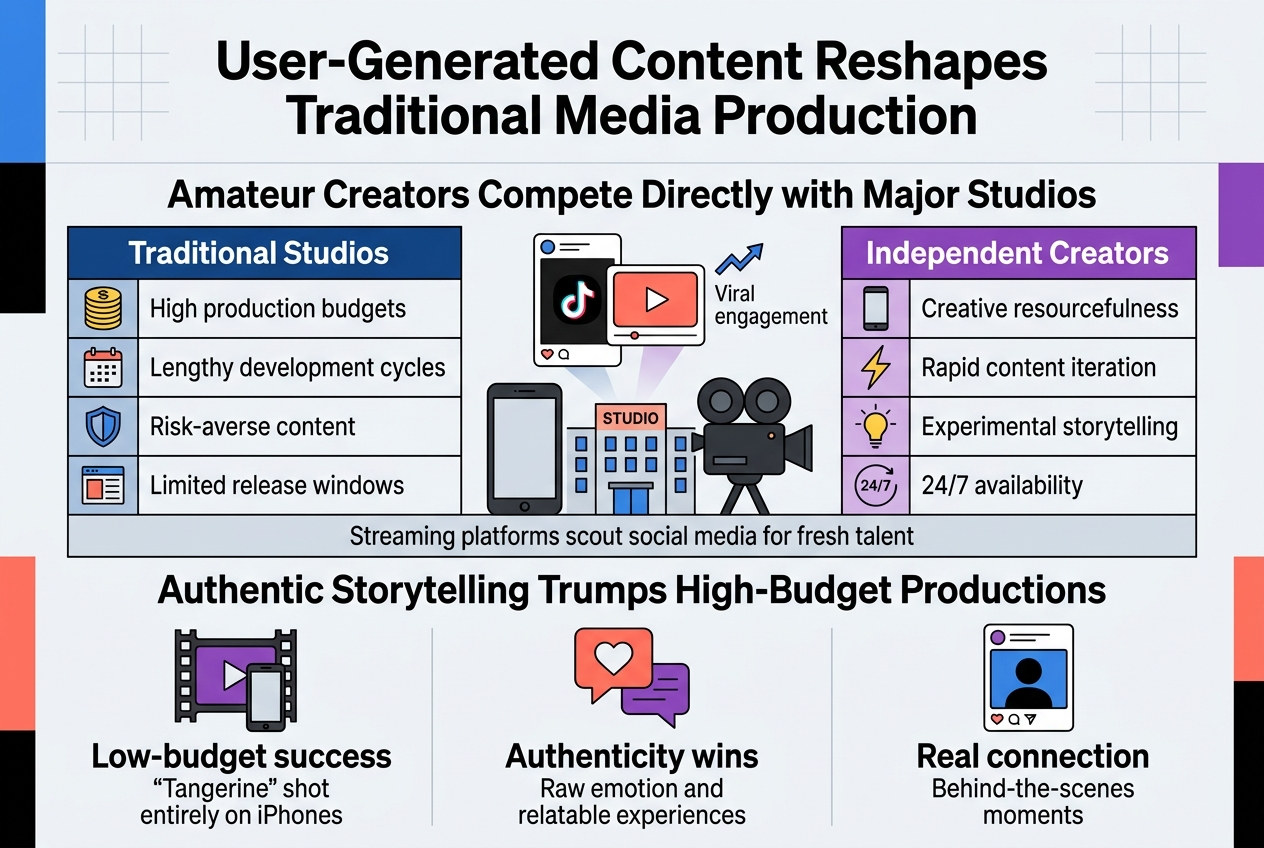 Create a clean, modern infographic illustration in a 3:2 aspect ratio, full-bleed layout with no frame, using a professional editorial style. Background: white with subtle light-gray grid accents and bold color blocks in blue, purple, coral, and black. Use a strong sans-serif font with clear hierarchy.

Top center large bold heading:
"User-Generated Content Reshapes Traditional Media Production"

Below the heading, split the design into two wide horizontal sections.

SECTION 1: "Amateur Creators Compete Directly with Major Studios"
Place this section across the upper-middle area in a two-column comparison layout.

Left column header in a dark blue box:
"Traditional Studios"
Under it, use four stacked rows with simple icons:
- gold coin stack icon + "High production budgets"
- calendar icon + "Lengthy development cycles"
- shield icon + "Risk-averse content"
- limited window icon + "Limited release windows"

Right column header in a purple box:
"Independent Creators"
Under it, use four stacked rows with simple icons:
- smartphone icon + "Creative resourcefulness"
- lightning bolt icon + "Rapid content iteration"
- lightbulb icon + "Experimental storytelling"
- 24/7 clock icon + "24/7 availability"

Add a central visual between the columns: a smartphone and a film camera facing a studio building, with a TikTok-style short video card and a YouTube play-button card rising above them. Include a small upward engagement arrow and the label:
"Viral engagement"

Add a thin caption bar below this comparison section with the text:
"Streaming platforms scout social media for fresh talent"

SECTION 2: "Authentic Storytelling Trumps High-Budget Productions"
Place this section across the lower half in three wide panels from left to right.

Left panel: a film frame icon with a smartphone inside it and the label:
"Low-budget success"
Below it, smaller text:
'"Tangerine" shot entirely on iPhones'

Middle panel: a heart and chat-bubble icon with the label:
"Authenticity wins"
Below it, smaller text:
"Raw emotion and relatable experiences"

Right panel: a social media feed icon with a creator silhouette and the label:
"Real connection"
Below it, smaller text:
"Behind-the-scenes moments,
