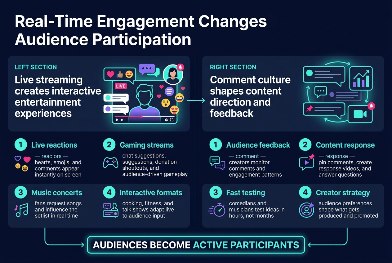Create a clean, modern infographic illustration in a 3:2 aspect ratio, full-bleed layout with no frame and no large empty margins. Use a dark navy background with bright neon accents in cyan, teal, purple, pink, and white. Use bold sans-serif typography with a strong visual hierarchy. Place the main title across the top, left-aligned:

"Real-Time Engagement Changes Audience Participation"

Below the title, create two wide horizontal sections arranged side-by-side in a 2-column layout.

LEFT SECTION:
Header text: "Live streaming creates interactive entertainment experiences"
Use a large icon cluster of a live screen, heart reactions, chat bubbles, emojis, and a creator avatar. Show a creator on a stream interface with floating comments and reaction icons.
Include 4 numbered feature blocks with small icons:
1. "Live reactions" — hearts, emojis, and comments appear instantly on screen
2. "Gaming streams" — chat suggestions, donation shoutouts, and audience-driven gameplay
3. "Music concerts" — fans request songs and influence the setlist in real time
4. "Interactive formats" — cooking, fitness, and talk shows adapt live to audience input

RIGHT SECTION:
Header text: "Comment culture shapes content direction and feedback"
Use an icon cluster of a comment thread, analytics chart, pinned comment, and video reply symbol.
Include 4 numbered feature blocks with small icons:
1. "Audience feedback" — creators monitor comments and engagement patterns
2. "Content response" — pin comments, create response videos, and answer questions
3. "Fast testing" — comedians and musicians test ideas in hours, not months
4. "Creator strategy" — audience preferences shape what gets produced and promoted

Add a centered bottom band spanning the width with a bold summary statement in a highlighted panel:
"AUDIENCES BECOME ACTIVE PARTICIPANTS"

Include a simple visual flow line or arrows connecting viewer comments to creator decisions. Use subtle glowing lines, speech bubbles, and notification badges. Keep the layout organized, balanced, and highly readable, with crisp iconography and clear spacing. All visible text should be exactly as written in quotes above.