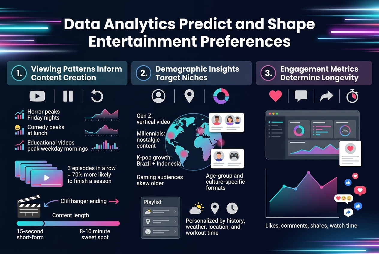 Create a clean, modern infographic illustration in a 3:2 aspect ratio with a full-bleed background, wide horizontal layout, and no poster frame. Use a dark navy-to-black gradient background with bright streaming-style accents in cyan, magenta, purple, and white. Use bold sans-serif typography with a large white title at the top center: "Data Analytics Predict and Shape Entertainment Preferences".

Below the title, organize the content into three wide horizontal sections or three equal columns with clear dividers, each with a numbered circle icon and simple flat icons.

Section 1 on the left: header text "1. Viewing Patterns Inform Content Creation" with icons of a play button, pause bars, and a replay arrow. Include three compact statistic callouts with small chart icons and mini timeline graphs:
- "Horror peaks Friday nights"
- "Comedy peaks at lunch"
- "Educational videos peak weekday mornings"
Add a binge-watching graphic with stacked episode tiles and text: "3 episodes in a row = 70% more likely to finish a season"
Include a clapperboard, cliffhanger ending arrow, and a content length bar with text:
- "15-second short-form"
- "8–10 minute sweet spot"

Section 2 in the center: header text "2. Demographic Insights Target Niches" with icons of a profile silhouette, location pin, and segmented audience ring. Show a globe with highlighted regions and small audience cards. Include these short text labels:
- "Gen Z: vertical video"
- "Millennials: nostalgic content"
- "K-pop growth: Brazil + Indonesia"
- "Gaming audiences skew older"
- "Age-group and culture-specific formats"
Add a playlist card with icons for weather, location, and clock, labeled:
- "Personalized by history, weather, location, and workout time"

Section 3 on the right: header text "3. Engagement Metrics Determine Longevity" with icons of a heart, comment bubble, share arrow, and watch-time timer. Show a real-time dashboard panel, a rising and falling engagement line chart, and social media reaction bubbles. Include these text labels:
- "Likes, comments, shares, watch time