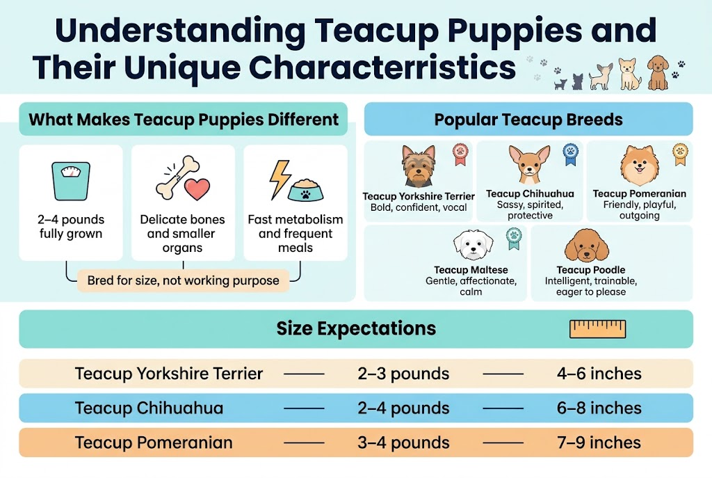 Create a clean, professional full-bleed infographic in 3:2 landscape ratio with a bright soft veterinary color palette of white, light teal, sky blue, pale cream, and warm peach, with dark navy headings and simple flat vector illustrations. Use modern sans-serif fonts, bold title at the top, and organized wide horizontal sections with clear icons and labeled blocks. No poster frame, no inset margin border, no narrow vertical stack.

Top header across full width:
Large bold title text: "Understanding Teacup Puppies and Their Unique Characteristics"
Add a small row of tiny dog silhouette icons and paw prints under the title.

Section 1 on upper left: "What Makes Teacup Puppies Different"
Use three side-by-side icon cards with small labels:
1. A tiny scale icon with text: "2–4 pounds fully grown"
2. A fragile bone and heart icon with text: "Delicate bones and smaller organs"
3. A lightning bolt and feeding bowl icon with text: "Fast metabolism and frequent meals"
Add a short callout beneath: "Bred for size, not working purpose"

Section 2 on upper right: "Popular Teacup Breeds"
Show five small illustrated dog portraits in a horizontal grid with breed labels and short temperament words:
- "Teacup Yorkshire Terrier" — "Bold, confident, vocal"
- "Teacup Chihuahua" — "Sassy, spirited, protective"
- "Teacup Pomeranian" — "Friendly, playful, outgoing"
- "Teacup Maltese" — "Gentle, affectionate, calm"
- "Teacup Poodle" — "Intelligent, trainable, eager to please"
Use distinct tiny breed badges beside each portrait.

Middle band spanning full width: "Size Expectations"
Create a clean comparison chart with a simple table-style layout and small ruler icon. Include these rows exactly:
- "Teacup Yorkshire Terrier — 2–3 pounds — 4–6 inches"
- "Teacup Chihuahua — 2–4 pounds — 6–8 inches"
- "Teacup Pomeranian — 3–4 pounds —