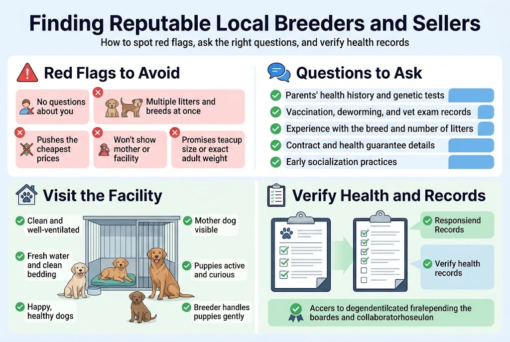 Create a full-bleed professional infographic in a 3:2 landscape aspect ratio about responsible dog breeder selection, with a clean modern veterinary-style design, white background with soft blue and green accents, dark navy headings, and clear iconography. Use a bold top title across the full width: "Finding Reputable Local Breeders and Sellers". Place a small subtitle under the title in smaller text: "How to spot red flags, ask the right questions, and verify health records". Organize the layout into 5 wide horizontal sections with 2-column blocks and strong visual hierarchy, not a vertical poster.

Section 1 on the upper left: heading "Red Flags to Avoid" with a red warning triangle icon. Include four compact bullet cards with small icons:
1. "No questions about you"
2. "Multiple litters and breeds at once"
3. "Pushes the cheapest prices"
4. "Won’t show mother or facility"
5. "Promises teacup size or exact adult weight"
Use red accent boxes and crossed-out symbols.

Section 2 on the upper right: heading "Questions to Ask" with a blue speech bubble icon. Include five checklist bullets with green check icons:
1. "Parents’ health history and genetic tests"
2. "Vaccination, deworming, and vet exam records"
3. "Experience with the breed and number of litters"
4. "Contract and health guarantee details"
5. "Early socialization practices"
Use clean blue answer-card styling.

Section 3 across the middle left: heading "Visit the Facility" with a house and paw icon. Show a simple illustrated kennel scene with labels around it:
- "Clean and well-ventilated"
- "Fresh water and clean bedding"
- "Happy, healthy dogs"
- "Mother dog visible"
- "Puppies active and curious"
- "Breeder handles puppies gently"
Use green check markers and realistic but friendly dog illustrations.

Section 4 across the middle right: heading "Verify Health and Records" with a clipboard icon. Show