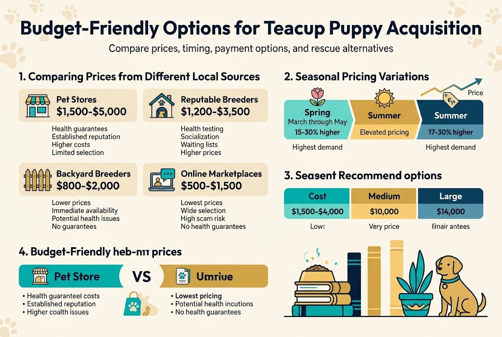 Create a clean, professional infographic illustration in a 3:2 aspect ratio with a full-bleed layout, wide horizontal sections, no poster frame, and no large empty margins. Use a modern sans-serif font with bold headings, dark navy text, teal and gold accents, light cream background, and subtle dog-paw pattern details. 

Top header across the full width:
Large bold title text: "Budget-Friendly Options for Teacup Puppy Acquisition"
Small subtitle beneath: "Compare prices, timing, payment options, and rescue alternatives"

Section 1 on the left half, titled "1. Comparing Prices from Different Local Sources"
Display four horizontal comparison cards with small icons:
- A storefront icon next to "Pet Stores" and price range "$1,500-$5,000"
  Smaller text: "Health guarantees"
  Smaller text: "Established reputation"
  Smaller text: "Higher costs"
  Smaller text: "Limited selection"
- A breeder house icon next to "Reputable Breeders" and price range "$1,200-$3,500"
  Smaller text: "Health testing"
  Smaller text: "Socialization"
  Smaller text: "Waiting lists"
  Smaller text: "Higher prices"
- A simple backyard fence icon next to "Backyard Breeders" and price range "$800-$2,000"
  Smaller text: "Lower prices"
  Smaller text: "Immediate availability"
  Smaller text: "Potential health issues"
  Smaller text: "No guarantees"
- A laptop and chat icon next to "Online Marketplaces" and price range "$500-$1,500"
  Smaller text: "Lowest prices"
  Smaller text: "Wide selection"
  Smaller text: "High scam risk"
  Smaller text: "No health guarantees"

Section 2 on the right half, titled "2. Seasonal Pricing Variations"
Use a horizontal seasonal timeline with four colored blocks and a small price trend arrow:
- Spring with a blooming flower icon and text "March through May" and "15-30% higher"
  Smaller text: "Highest demand"
- Summer with a sun icon and text "Elevated pricing"