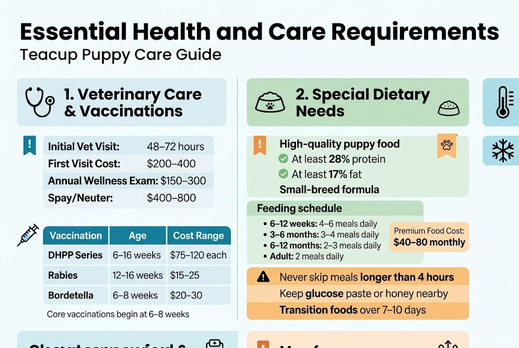 Create a full-bleed 3:2 landscape infographic titled "Essential Health and Care Requirements" in a clean professional veterinary style, using a white background with teal, blue, soft green, and warm orange accents, bold sans-serif headings, smaller sans-serif body text, and clear section dividers. Use a wide multi-column layout with four main content panels and small icon markers in each section.

Top header across the full width:
Large bold title: "Essential Health and Care Requirements"
Subtitle in smaller text: "Teacup Puppy Care Guide"

Left upper panel with a stethoscope icon and a vaccination syringe icon, titled "1. Veterinary Care & Vaccinations"
Include short bullet blocks and a small table-style layout:
"Initial Vet Visit: 48–72 hours"
"First Visit Cost: $200–400"
"Annual Wellness Exam: $150–300"
"Spay/Neuter: $400–800"
Small vaccination schedule table with columns "Vaccination", "Age", "Cost Range"
Rows:
"DHPP Series | 6–16 weeks | $75–120 each"
"Rabies | 12–16 weeks | $15–25"
"Bordetella | 6–8 weeks | $20–30"
Add a small note line: "Core vaccinations begin at 6–8 weeks"

Center upper panel with a food bowl icon and small kibble icon, titled "2. Special Dietary Needs"
Use bold callouts and a feeding schedule chart:
"High-quality puppy food"
"At least 28% protein"
"At least 17% fat"
"Small-breed formula"
Feeding schedule bullets:
"6–12 weeks: 4–6 meals daily"
"3–6 months: 3–4 meals daily"
"6–12 months: 2–3 meals daily"
"Adult: 2 meals daily"
Add a small cost callout box:
"Premium Food Cost: $40–80 monthly"
Add a warning strip:
"Never skip meals longer than 4 hours"
"Keep glucose paste or honey nearby"
"Transition foods over 7–10 days"

Right upper panel with thermometer, snowflake, and