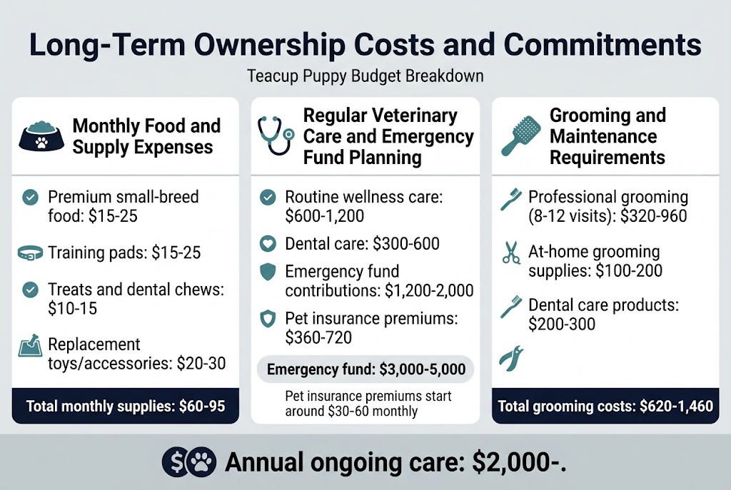 Create a clean professional full-bleed infographic in 3:2 aspect ratio with a wide horizontal layout, modern sans-serif fonts, dark navy and teal accents, light gray background, and clear section dividers. Place a bold title across the top: "Long-Term Ownership Costs and Commitments". Add a small subtitle under the title: "Teacup Puppy Budget Breakdown". Use three wide content blocks across the middle and a summary band along the bottom. Include simple flat icons next to each section heading.

Left section: "Monthly Food and Supply Expenses" with a food bowl icon, collar icon, toy icon, and training pad icon. Add short bullet-style lines with small check markers:
"Premium small-breed food: $15-25"
"Training pads: $15-25"
"Treats and dental chews: $10-15"
"Replacement toys/accessories: $20-30"
Bold line at the bottom of the block: "Total monthly supplies: $60-95"

Center section: "Regular Veterinary Care and Emergency Fund Planning" with a stethoscope icon, heart icon, and shield icon. Include these lines:
"Routine wellness care: $600-1,200"
"Dental care: $300-600"
"Emergency fund contributions: $1,200-2,000"
"Pet insurance premiums: $360-720"
Add a highlighted callout box with bold text:
"Emergency fund: $3,000-5,000"
Add a smaller note line:
"Pet insurance premiums start around $30-60 monthly"

Right section: "Grooming and Maintenance Requirements" with a brush icon, scissors icon, toothbrush icon, and nail clipper icon. Include these lines:
"Professional grooming (8-12 visits): $320-960"
"At-home grooming supplies: $100-200"
"Dental care products: $200-300"
Bold line at the bottom of the block: "Total grooming costs: $620-1,460"

Bottom full-width summary band with a bold icon of a dollar sign and paw print. Centered large text:
"Annual ongoing care: $2,000-