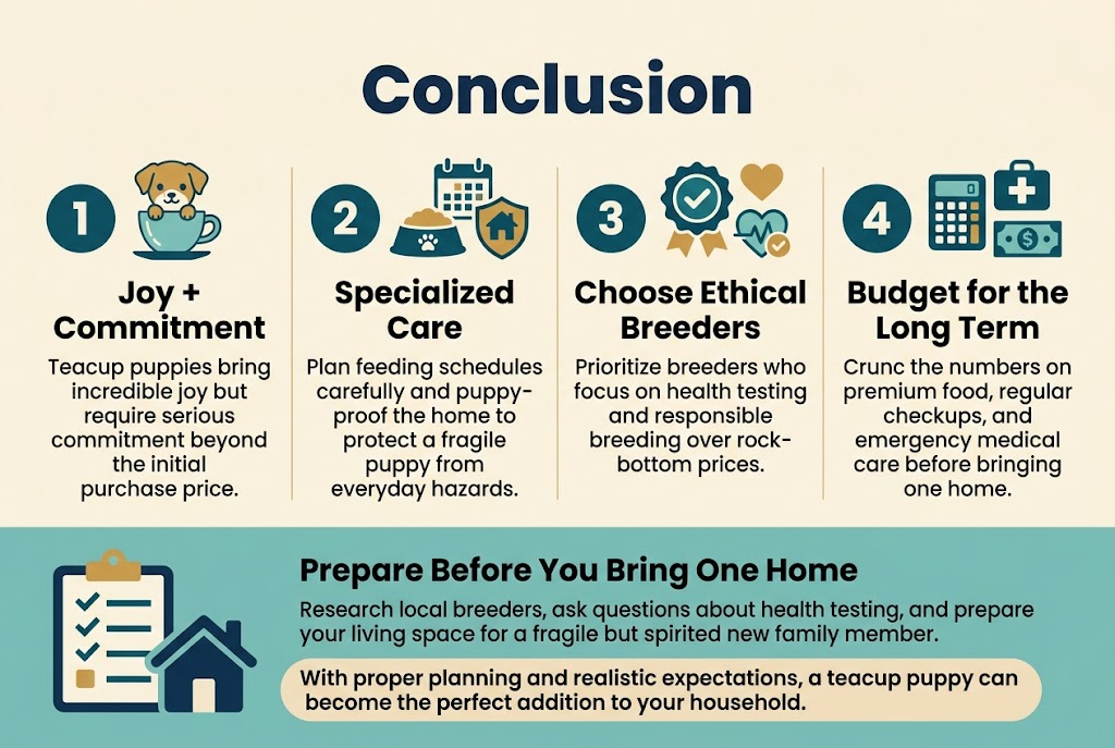 3:2 landscape infographic, full-bleed clean professional layout, modern flat vector style, soft cream background with teal, navy, and warm gold accents, bold sans-serif typography.

Top center: large bold title text in navy, "Conclusion"

Below the title, a wide horizontal 4-section layout with clear numbered blocks and icons:

Left section, numbered circle "1" with a small teacup puppy icon:
Heading text: "Joy + Commitment"
Body text: "Teacup puppies bring incredible joy but require serious commitment beyond the initial purchase price."

Second section, numbered circle "2" with a food bowl, calendar, and house-proofing shield icon:
Heading text: "Specialized Care"
Body text: "Plan feeding schedules carefully and puppy-proof the home to protect a fragile puppy from everyday hazards."

Third section, numbered circle "3" with a breeder badge, heart, and health check icon:
Heading text: "Choose Ethical Breeders"
Body text: "Prioritize breeders who focus on health testing and responsible breeding over rock-bottom prices."

Fourth section, numbered circle "4" with a calculator, vet cross, and money icon:
Heading text: "Budget for the Long Term"
Body text: "Crunc the numbers on premium food, regular checkups, and emergency medical care before bringing one home."

Bottom band across the full width with a large checklist icon and a home icon:
Bold subheading text: "Prepare Before You Bring One Home"
Smaller body text: "Research local breeders, ask questions about health testing, and prepare your living space for a fragile but spirited new family member."
Final closing line in a highlighted rounded rectangle: "With proper planning and realistic expectations, a teacup puppy can become the perfect addition to your household."

Use strong visual hierarchy, wide spacing, and balanced multi-column composition. Keep all text crisp, readable, and aligned within each section. No borders around the entire image.