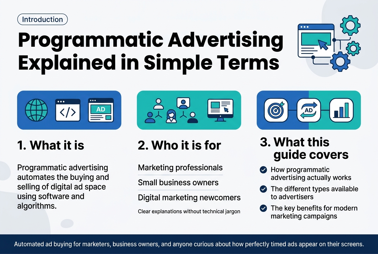 Create a clean, professional full-bleed infographic illustration in a 3:2 aspect ratio with a modern corporate style, white background, deep blue and teal accents, subtle light gray shapes, and bold sans-serif typography.

Top full-width header:
- Small label at top left: "Introduction"
- Large bold title centered or slightly left-aligned: "Programmatic Advertising Explained in Simple Terms"
- Add a simple digital ad / automation icon near the title: a screen, cursor, and connected gear symbols in blue and teal

Below the header, arrange the content in three wide horizontal sections with clear visual hierarchy and numbered blocks, using icons and short text.

Section 1, left side:
- Blue rounded rectangle with a globe, code, and ad-slot icon
- Heading: "1. What it is"
- Body text: "Programmatic advertising automates the buying and selling of digital ad space using software and algorithms."

Section 2, center:
- Teal rounded rectangle with three small person icons: marketer, small business owner, and newcomer, plus a computer screen icon
- Heading: "2. Who it is for"
- Body text: "Marketing professionals"
- Body text: "Small business owners"
- Body text: "Digital marketing newcomers"
- Small supporting line: "Clear explanations without technical jargon"

Section 3, right side:
- Blue and teal rounded rectangle with three connected icons: target, ad exchange arrows, and bar chart
- Heading: "3. What this guide covers"
- Three short bullet points with check icons:
  - "How programmatic advertising actually works"
  - "The different types available to advertisers"
  - "The key benefits for modern marketing campaigns"

Add a bottom banner spanning the width of the image:
- Dark blue strip with white text:
  "Automated ad buying for marketers, business owners, and anyone curious about how perfectly timed ads appear on their screens."

Use clear spacing, aligned columns, crisp iconography, and strong contrast. Keep the layout wide and balanced, with no
