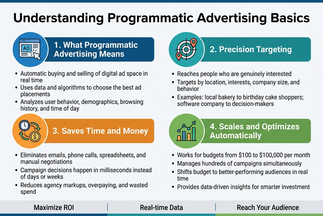 Create a full-bleed 3:2 infographic illustration in a clean modern corporate style, with a white background, deep blue and teal accents, subtle gray dividers, and bold sans-serif typography. Use a wide horizontal layout with no inset margins and no vertical poster frame. Place a large bold title across the top: "Understanding Programmatic Advertising Basics".

Below the title, organize the content into four wide sections in a two-column grid, each section with a colored header bar, a simple flat icon, and short bullet text.

Top left section: a blue circular icon with a digital ad screen and clicking cursor. Header text: "1. What Programmatic Advertising Means". Bullet text:
"Automatic buying and selling of digital ad space in real time"
"Uses data and algorithms to choose the best ad placements"
"Analyzes user behavior, demographics, browsing history, and time of day"

Top right section: a teal circular icon with a target and pinpoint markers. Header text: "2. Precision Targeting". Bullet text:
"Reaches people who are genuinely interested"
"Targets by location, interests, company size, and behavior"
"Examples: local bakery to birthday cake shoppers; software company to decision-makers"

Bottom left section: an orange circular icon with a clock, dollar sign, and automated arrows. Header text: "3. Saves Time and Money". Bullet text:
"Eliminates emails, phone calls, spreadsheets, and manual negotiations"
"Campaign decisions happen in milliseconds instead of days or weeks"
"Reduces agency markups, overpaying, and wasted spend"

Bottom right section: a green circular icon with a growth chart and connected data nodes. Header text: "4. Scales and Optimizes Automatically". Bullet text:
"Works for budgets from $100 to $100,000 per month"
"Manages hundreds of campaigns simultaneously"
"Shifts budget to better-performing audiences in real time"
"Provides data-driven insights for smarter investment"

Add a small horizontal footer strip across the bottom with three compact labeled callouts separated by thin vertical lines:
"Time saved
