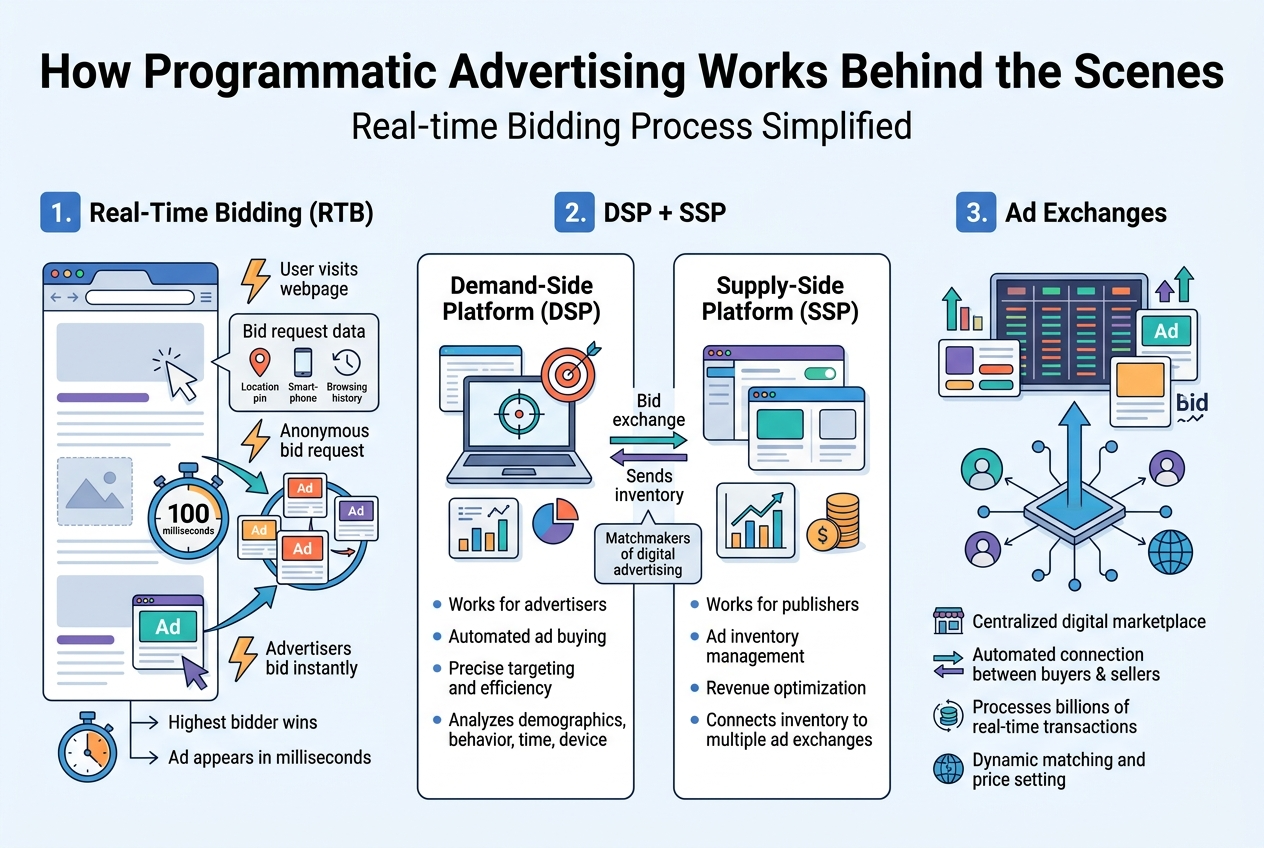 Create a clean, professional full-bleed infographic illustration in a 3:2 aspect ratio with a modern flat vector style, crisp lines, subtle gradients, and a blue, teal, orange, and purple color palette on a light background. Use a bold sans-serif heading at the top spanning the width: "How Programmatic Advertising Works Behind the Scenes". Add a smaller subtitle below it: "Real-time Bidding Process Simplified".

Arrange the content in a wide horizontal layout with three main sections across the page, using clear numbered blocks, arrows, and icons.

LEFT SECTION: "1. Real-Time Bidding (RTB)"
Show a website page mockup on the left with a browser window, a user cursor, and a lightning-fast auction flow. Include a bid request data card with small icons for location pin, smartphone, and browsing history. Add a circular timer or stopwatch icon labeled "100 milliseconds". Show multiple small advertiser bid cards racing toward an auction circle, then one winning ad card appearing on the webpage. Include the text:
"User visits webpage"
"Anonymous bid request"
"Advertisers bid instantly"
"Highest bidder wins"
"Ad appears in milliseconds"
Use a lightning bolt icon, bid arrows, and a clock icon.

CENTER SECTION: "2. DSP + SSP"
Split this section into two side-by-side panels connected by a bid exchange arrow. On the left panel, label it "Demand-Side Platform (DSP)" with a laptop, target crosshair, and data analytics icons. Include the text:
"Works for advertisers"
"Automated ad buying"
"Precise targeting and efficiency"
"Analyzes demographics, behavior, time, device"
On the right panel, label it "Supply-Side Platform (SSP)" with a publisher dashboard, website/app inventory cards, revenue graph, and coin stack icon. Include the text:
"Works for publishers"
"Ad inventory management"
"Revenue optimization"
"Connects inventory to multiple ad exchanges"
Place a small middle connector label between them: "Matchmakers of digital advertising". Use arrows showing DSP bidding toward inventory and SSP sending inventory into the market.

RIGHT SECTION: "3. Ad Exchanges"
Show a digital marketplace scene with a stock-exchange-style trading board, multiple ad