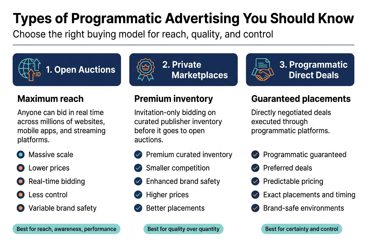 Create a clean, professional full-bleed infographic in a 3:2 aspect ratio with a modern corporate style, white background, navy blue headers, teal and orange accent colors, and crisp sans-serif typography. Place a large bold title across the top: "Types of Programmatic Advertising You Should Know". Use a wide horizontal layout with three main sections arranged left to right in evenly spaced columns, each with a distinct icon, bold subheading, short supporting text, and key bullet points.

Top section:
- Add a small subtitle line under the title: "Choose the right buying model for reach, quality, and control"
- Include a thin horizontal divider line beneath the header.

Left column section with a globe and bid arrows icon:
Heading: "1. Open Auctions"
Subheading: "Maximum reach"
Body text: "Anyone can bid in real time across millions of websites, mobile apps, and streaming platforms."
Bullet points with small circular icons:
• "Massive scale"
• "Lower prices"
• "Real-time bidding"
• "Less control"
• "Variable brand safety"
Add a small footer tag in a colored pill: "Best for reach, awareness, performance"

Center column section with a premium badge or crown icon:
Heading: "2. Private Marketplaces"
Subheading: "Premium inventory"
Body text: "Invitation-only bidding on curated publisher inventory before it goes to open auctions."
Bullet points with small check icons:
• "Premium curated inventory"
• "Smaller competition"
• "Enhanced brand safety"
• "Higher prices"
• "Better placements"
Add a small footer tag in a colored pill: "Best for quality over quantity"

Right column section with a handshake and document icon:
Heading: "3. Programmatic Direct Deals"
Subheading: "Guaranteed placements"
Body text: "Directly negotiated deals executed through programmatic platforms."
Bullet points with small check icons:
• "Programmatic guaranteed"
• "Preferred deals"
• "Predictable pricing"
• "Exact placements and timing"
• "Brand-safe environments"
Add a small footer tag in a colored pill: "Best for certainty and control"

Bottom