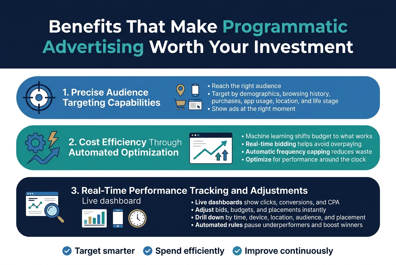 Create a clean, professional infographic in a 3:2 aspect ratio with a full-bleed layout, wide horizontal composition, and no inset poster frame. Use a modern corporate style with deep navy, teal, blue, white, and subtle gold accents. Use bold sans-serif typography for the title and smaller readable sans-serif text for section labels and body copy.

Top center: large bold heading in white and teal, exact text: "Benefits That Make Programmatic Advertising Worth Your Investment"

Below the title, arrange three wide horizontal sections across the canvas, each in a distinct rounded rectangular panel with a matching icon on the left and concise supporting text on the right.

Section 1 on the left third: blue panel with a target/crosshair icon, exact heading: "1. Precise Audience Targeting Capabilities"
Include small visual sub-icons inside the panel: a location pin, a shopping cart, a smartphone, and a browser window. Add short bullet text:
• "Reach the right audience"
• "Target by demographics, browsing history, purchases, app usage, location, and life stage"
• "Show ads at the right moment"

Section 2 in the center third: teal panel with a gear, lightning bolt, and upward arrow icon combination, exact heading: "2. Cost Efficiency Through Automated Optimization"
Include a small dashboard graphic with an ascending line chart and bid arrows. Add short bullet text:
• "Machine learning shifts budget to what works"
• "Real-time bidding helps avoid overpaying"
• "Automatic frequency capping reduces waste"
• "Optimize for performance around the clock"

Section 3 on the right third: navy panel with a live dashboard and magnifying glass icon, exact heading: "3. Real-Time Performance Tracking and Adjustments"
Include small visual elements of a chart, mobile phone, and clock. Add short bullet text:
• "Live dashboards show clicks, conversions, and CPA"
• "Adjust bids, budgets, and placements instantly"
• "Drill down by time, device, location, audience, and placement"
• "Automated rules pause underperformers and boost winners"

At the bottom, add a thin full-width summary bar with three small checkmark icons and the exact text: "Target smarter • Spend efficiently • Improve continuously"

Use clear visual hierarchy, generous spacing, crisp edges, and high contrast. Keep all text legible