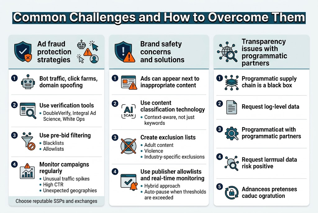 Create a clean, professional full-bleed infographic in 3:2 landscape ratio with a modern corporate style, white background, deep navy and teal accents, orange warning highlights, and crisp sans-serif fonts. Place a bold top heading across the full width: "Common Challenges and How to Overcome Them". Under the heading, use three wide horizontal content panels or three side-by-side columns with icons, clear section titles, and short bullet points.

Left panel: "Ad fraud protection strategies" with a shield icon and small fraud-related symbols. Include four numbered subpoints with simple icons:
1. "Bot traffic, click farms, domain spoofing" with a robot, cursor, and fake-user icon.
2. "Use verification tools" with a magnifying glass and dashboard icon. Add small text: "DoubleVerify, Integral Ad Science, White Ops".
3. "Use pre-bid filtering" with a filter and block icon. Add small text: "Blacklists" and "Allowlists".
4. "Monitor campaigns regularly" with a chart spike alert icon. Add small text: "Unusual traffic spikes", "High CTR", "Unexpected geographies".
Add a small bottom line in this panel: "Choose reputable SSPs and exchanges".

Center panel: "Brand safety concerns and solutions" with a shield and alert icon. Include four numbered subpoints:
1. "Ads can appear next to inappropriate content" with a warning triangle and webpage icon.
2. "Use content classification technology" with an AI scan icon. Add small text: "Context-aware, not just keywords".
3. "Create exclusion lists" with a crossed-out content categories icon. Add small text: "Adult content", "Violence", "Industry-specific exclusions".
4. "Use publisher allowlists and real-time monitoring" with a checkmark website icon and notification bell. Add small text: "Hybrid approach", "Auto-pause when thresholds are exceeded".

Right panel: "Transparency issues with programmatic partners" with a network and magnifying glass icon. Include five numbered subpoints:
1. "Programmatic supply chain is a black box" with layered network nodes icon.
2. "Request log-level data" with a document and