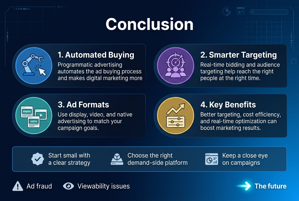 Create a full-bleed 3:2 landscape infographic with a clean modern tech style, dark navy to blue gradient background, white and cyan text, subtle grid and digital UI accents, professional sans-serif font, high contrast, crisp vector illustration, no border, no frame.

Top center: large bold heading in white text: "Conclusion"

Below the heading, arrange four wide horizontal content blocks across the canvas in a balanced 2x2 grid, with clear spacing and strong visual hierarchy.

Top left block:
- Blue circular icon with a robot arm and clicking cursor
- Bold subheading: "1. Automated Buying"
- Body text: "Programmatic advertising automates the ad buying process and makes digital marketing more efficient."

Top right block:
- Purple circular icon with a target and audience silhouettes
- Bold subheading: "2. Smarter Targeting"
- Body text: "Real-time bidding and audience targeting help reach the right people at the right time."

Bottom left block:
- Teal circular icon with three small ad cards labeled display, video, and native
- Bold subheading: "3. Ad Formats"
- Body text: "Use display, video, and native advertising to match your campaign goals."

Bottom right block:
- Gold circular icon with an upward trend line and optimization sliders
- Bold subheading: "4. Key Benefits"
- Body text: "Better targeting, cost efficiency, and real-time optimization can boost marketing results."

Across the lower center, add a wide banner section with three small icons separated evenly:
- Checkmark icon with text: "Start small with a clear strategy"
- Platform icon with text: "Choose the right demand-side platform"
- Monitoring dashboard icon with text: "Keep a close eye on campaigns"

Along the bottom edge, add two small caution callouts on the left and one future-focused callout on the right:
- Warning triangle icon with text: "Ad fraud"
- Eye icon with text: "Viewability issues"
- Bright arrow icon with text: "The future