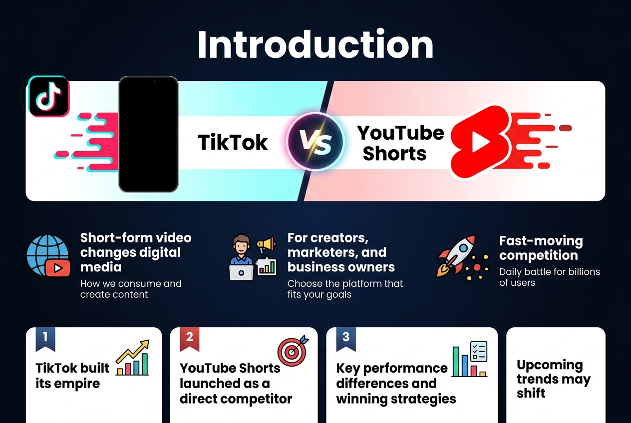 Create a clean, modern infographic in a 3:2 aspect ratio with a full-bleed background, professional social-media style, and a wide horizontal layout. Use a dark navy-to-black gradient background with bright accent colors: TikTok neon pink and cyan, YouTube red and white, with subtle yellow highlights. Use bold sans-serif typography, high contrast, and clear visual hierarchy.

Top center: large bold heading in white text, “Introduction”.

Directly below the heading, across the upper third, place a wide split comparison banner with two large side-by-side sections:
Left section: TikTok logo-style icon, black phone-shaped short-video screen, pink and cyan motion streaks, label in bold text “TikTok”.
Right section: YouTube Shorts play icon inside a red rounded shape, red and white motion streaks, label in bold text “YouTube Shorts”.
Between them, a centered versus symbol “VS” inside a glowing circle.

Middle section: three wide horizontal information blocks arranged left to right, each with a distinct icon and short bold heading:
1. Left block with a globe and play-button icon, title “Short-form video changes digital media”, with smaller text below: “How we consume and create content”.
2. Center block with a creator, megaphone, and chart icon, title “For creators, marketers, and business owners”, with smaller text below: “Choose the platform that fits your goals”.
3. Right block with a rocket and network icon, title “Fast-moving competition”, with smaller text below: “Daily battle for billions of users”.

Bottom section: four evenly spaced cards across the full width, each with a numbered badge and icon:
1. “TikTok built its empire” with a rising growth chart icon.
2. “YouTube Shorts launched as a direct competitor” with a red target icon.
3. “Key performance differences and winning strategies” with a split bar chart and checklist icon.
4. “Upcoming trends may shift