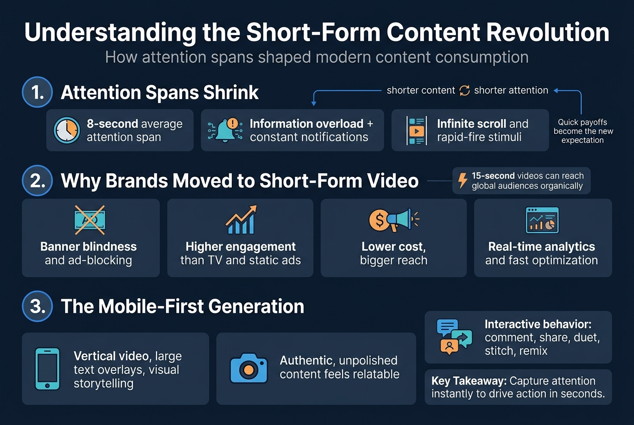 Create a clean, modern infographic illustration in a full-bleed 3:2 landscape layout with a professional editorial design, deep navy background, white and light gray text, electric blue and teal accent colors, and warm orange highlights. Use bold sans-serif typography for headings and smaller readable sans-serif body text. Place a large title across the top:

"Understanding the Short-Form Content Revolution"

Directly under the title, add a subtitle in smaller text:
"How attention spans shaped modern content consumption"

Organize the infographic into 3 wide horizontal content bands across the page, with clear section headers and icons. Use large numbered circles for each main section and simple flat icons beside each key point.

SECTION 1 on the left-to-center upper band:
Header text:
"1. Attention Spans Shrink"

Include three compact bullet blocks with icons:
- "8-second average attention span" with a clock icon
- "Information overload + constant notifications" with a notification bell and data stream icon
- "Infinite scroll and rapid-fire stimuli" with a vertical feed icon

Add a small visual loop arrow connecting "shorter content" back to "shorter attention" to show the feedback loop. Include a tiny caption box:
"Quick payoffs become the new expectation"

SECTION 2 across the center band:
Header text:
"2. Why Brands Moved to Short-Form Video"

Split this section into four side-by-side feature cards with icons:
- "Banner blindness and ad-blocking" with a crossed-out ad banner icon
- "Higher engagement than TV and static ads" with a rising chart icon
- "Lower cost, bigger reach" with a dollar sign and megaphone icon
- "Real-time analytics and fast optimization" with a dashboard analytics icon

Include a small highlighted metric-style callout:
"15-second videos can reach global audiences organically"

SECTION 3 across the lower band:
Header text:
"3. The Mobile-First Generation"

Use three wide cards with icons and concise text:
- "Vertical video, large text overlays, visual storytelling" with a smartphone icon
- "Authentic, unpolished content feels relatable" with a creator camera icon
- "Interactive behavior: comment, share, duet, stitch, remix" with layered social interaction icons

Add a final emphasis box at the