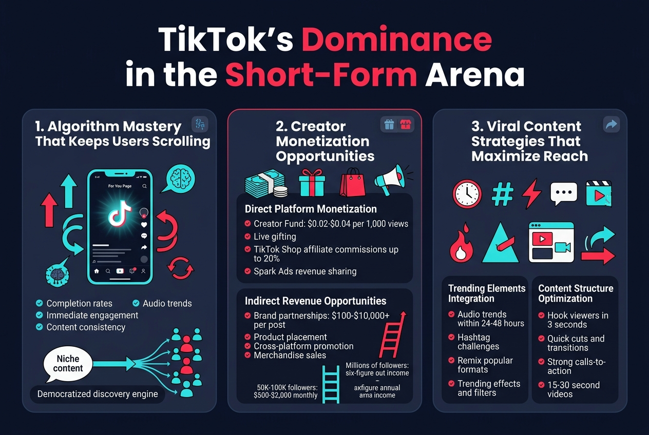 Create a clean, modern infographic illustration in a full-bleed 3:2 landscape layout with a dark navy background, bright red and cyan accents, white text, and subtle gradient panels. Use bold sans-serif typography with clear hierarchy.

Top center: large bold title in white and red text: "TikTok's Dominance in the Short-Form Arena"

Below the title, divide the infographic into three wide horizontal sections across the page, each in a rounded rectangular panel with soft shadows and small icons.

Left section: "1. Algorithm Mastery That Keeps Users Scrolling"
Add a smartphone screen illustration with a glowing For You Page feed, upward arrows, looping swirl arrows, and a small brain/AI icon.
Include these bullet points with small check icons:
- "Completion rates"
- "Immediate engagement"
- "Content consistency"
- "Audio trends"
Add a small caption line: "Democratized discovery engine"
Add a visual of a niche content bubble flowing to many users.

Center section: "2. Creator Monetization Opportunities"
Add stacked money, gift, shopping bag, and megaphone icons.
Include two sub-blocks:
"Direct Platform Monetization"
- "Creator Fund: $0.02-$0.04 per 1,000 views"
- "Live gifting"
- "TikTok Shop affiliate commissions up to 20%"
- "Spark Ads revenue sharing"
"Indirect Revenue Opportunities"
- "Brand partnerships: $100-$10,000+ per post"
- "Product placement"
- "Cross-platform promotion"
- "Merchandise sales"
Add a small earnings ladder graphic labeled:
"50K-100K followers: $500-$2,000 monthly"
"Millions of followers: six-figure annual income"

Right section: "3. Viral Content Strategies That Maximize Reach"
Add icons of a clock, hashtag, lightning bolt, comment bubble, camera cut, and share arrows.
Organize into four mini blocks:
"Trending Elements Integration"
- "Audio trends within 24-48 hours"
- "Hashtag challenges"
- "Remix popular formats"
- "Trending effects and filters"
"Content Structure Optimization"
- "Hook viewers in 3 seconds"
- "Quick cuts and transitions"
- "Strong calls-to-action"
- "15-30 second videos"
"