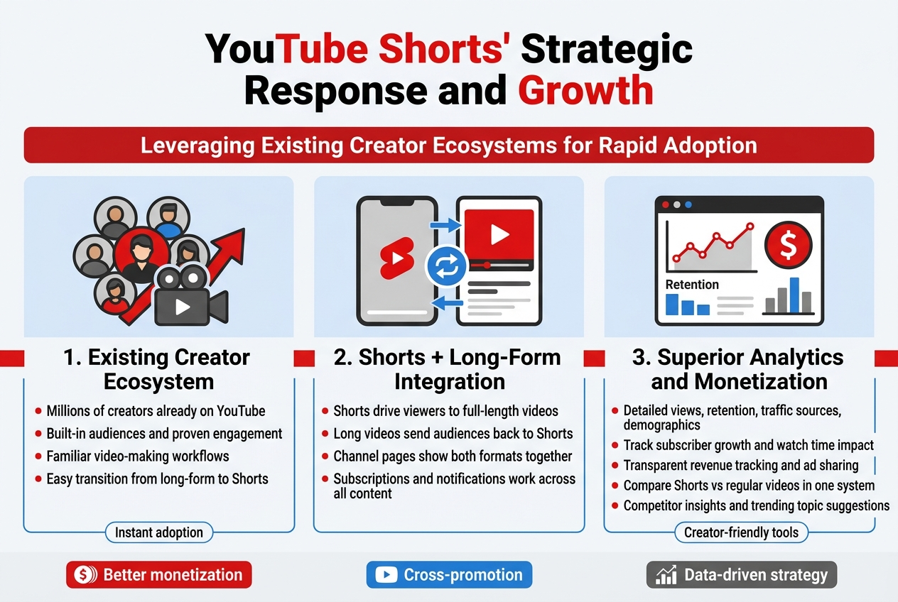 Aspect ratio 3:2, full-bleed professional infographic, clean modern flat vector style, white background with YouTube red, black, gray, and blue accents, bold sans-serif typography.

Top center large bold title in black and red: "YouTube Shorts' Strategic Response and Growth"

Below title, wide horizontal subheading bar in red: "Leveraging Existing Creator Ecosystems for Rapid Adoption"

Main layout: three equal horizontal content panels across the page, each with a large icon, a numbered heading, and short bullet text. Use thin red dividers, subtle gray lines, and blue highlight boxes. Keep text crisp and readable.

Left panel:
Large icon: a group of creator avatars with a video camera and upward arrow.
Heading: "1. Existing Creator Ecosystem"
Bullet text:
"Millions of creators already on YouTube"
"Built-in audiences and proven engagement"
"Familiar video-making workflows"
"Easy transition from long-form to Shorts"
Small badge at bottom: "Instant adoption"

Center panel:
Large icon: a split screen showing a Short video and a long YouTube video connected by arrows.
Heading: "2. Shorts + Long-Form Integration"
Bullet text:
"Shorts drive viewers to full-length videos"
"Long videos send audiences back to Shorts"
"Channel pages show both formats together"
"Subscriptions and notifications work across all content"
Small circular arrow icons between Shorts and long videos.

Right panel:
Large icon: analytics dashboard with line graph, retention chart, dollar sign, and audience bars.
Heading: "3. Superior Analytics and Monetization"
Bullet text:
"Detailed views, retention, traffic sources, demographics"
"Track subscriber growth and watch time impact"
"Transparent revenue tracking and ad sharing"
"Compare Shorts vs regular videos in one system"
"Competitor insights and trending topic suggestions"
Small label: "Creator-friendly tools"

Bottom strip across full width with three small colored callout boxes and icons:
Red box with dollar icon: "Better monetization"
Blue box with play icon: "Cross-promotion"
Gray box with chart icon: "Data-driven strategy"

Clean balanced spacing, wide landscape composition, no border frame, no vertical poster layout, no decorative clutter