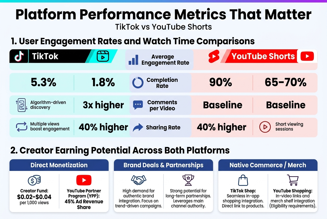 Create a wide full-bleed infographic in 3:2 aspect ratio with a clean modern corporate style, white background with blue, teal, purple, and orange accents, bold sans-serif typography, subtle data-visualization icons, and a clear visual hierarchy.

Top header across full width:
Large bold title text: "Platform Performance Metrics That Matter"
Smaller subtitle text underneath: "TikTok vs YouTube Shorts"

Below the header, split the design into two wide horizontal comparison sections with multiple columns and icons.

SECTION 1: "User Engagement Rates and Watch Time Comparisons"
Place this section in the upper half of the infographic with a side-by-side comparison layout.
Left column labeled "TikTok" with a black-and-neon accent palette and a short-form video icon.
Right column labeled "YouTube Shorts" with a red-and-white accent palette and a play button icon.

Include four metric blocks with icons and bold numbers:
1. A bar chart icon next to "Average Engagement Rate" showing "5.3%" for TikTok and "1.8%" for YouTube Shorts.
2. A circular completion icon next to "Completion Rate" showing "90%" for TikTok and "65–70%" for YouTube Shorts.
3. A speech bubble icon next to "Comments per Video" showing "3x higher" for TikTok and "Baseline" for YouTube Shorts.
4. A share arrow icon next to "Sharing Rate" showing "40% higher" for TikTok and "Baseline" for YouTube Shorts.

Add a small visual note under TikTok with an endless-feed scrolling icon and the text: "Algorithm-driven discovery" 
Add a small visual note under TikTok with a repeat loop icon and the text: "Multiple views boost engagement"
Add a small visual note under YouTube Shorts with a single-play icon and the text: "Short viewing sessions"

SECTION 2: "Creator Earning Potential Across Both Platforms"
Place this section in the lower half, spanning full width, divided into three horizontal comparison cards.

Card 1 title: "Direct Monetization"
Left side TikTok with a coin icon and the text: "Creator Fund: $0.02–$0.