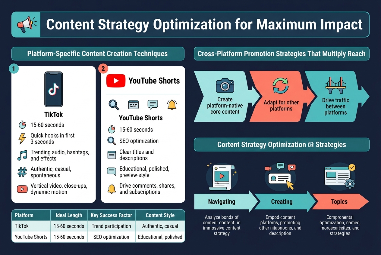 Create a clean, professional infographic illustration in a 3:2 aspect ratio with a full-bleed wide layout, modern sans-serif typography, and a bold headline at the top center reading "Content Strategy Optimization for Maximum Impact". Use a dark navy background with teal, coral, yellow, and white accents, subtle gradients, and crisp flat-design icons.

Top section: a large title bar across the full width with a small megaphone or target icon to the left of the title. Beneath it, split the infographic into three wide horizontal sections with clear visual hierarchy and ample spacing.

Left section: "Platform-Specific Content Creation Techniques" with two side-by-side platform cards.
Card 1: "TikTok" with a vertical phone icon, quick-hook lightning bolt icon, trending music note icon, hashtag icon, and a small play icon. Include the text bullets:
"15-60 seconds"
"Quick hooks in first 3 seconds"
"Trending audio, hashtags, and effects"
"Authentic, casual, spontaneous"
"Vertical video, close-ups, dynamic motion"
Card 2: "YouTube Shorts" with a red play button icon, magnifying glass search icon, caption icon, comment bubble icon, and subscription bell icon. Include the text bullets:
"15-60 seconds"
"SEO optimization"
"Clear titles and descriptions"
"Educational, polished, preview-style"
"Drive comments, shares, and subscriptions"
Add a small comparison table beneath the two cards with headers:
"Platform | Ideal Length | Key Success Factor | Content Style"
Rows:
"TikTok | 15-60 seconds | Trend participation | Authentic, casual"
"YouTube Shorts | 15-60 seconds | SEO optimization | Educational, polished"

Center section: "Cross-Platform Promotion Strategies That Multiply Reach" with a wide flow diagram using arrows from left to right. Show three connected content blocks with icons:
Block 1: "Create platform-native core content" with a camera icon
Block 2: "Adapt for other platforms" with a recycle/refresh icon
Block 3: "Drive traffic between platforms" with a bridge or link icon
Include