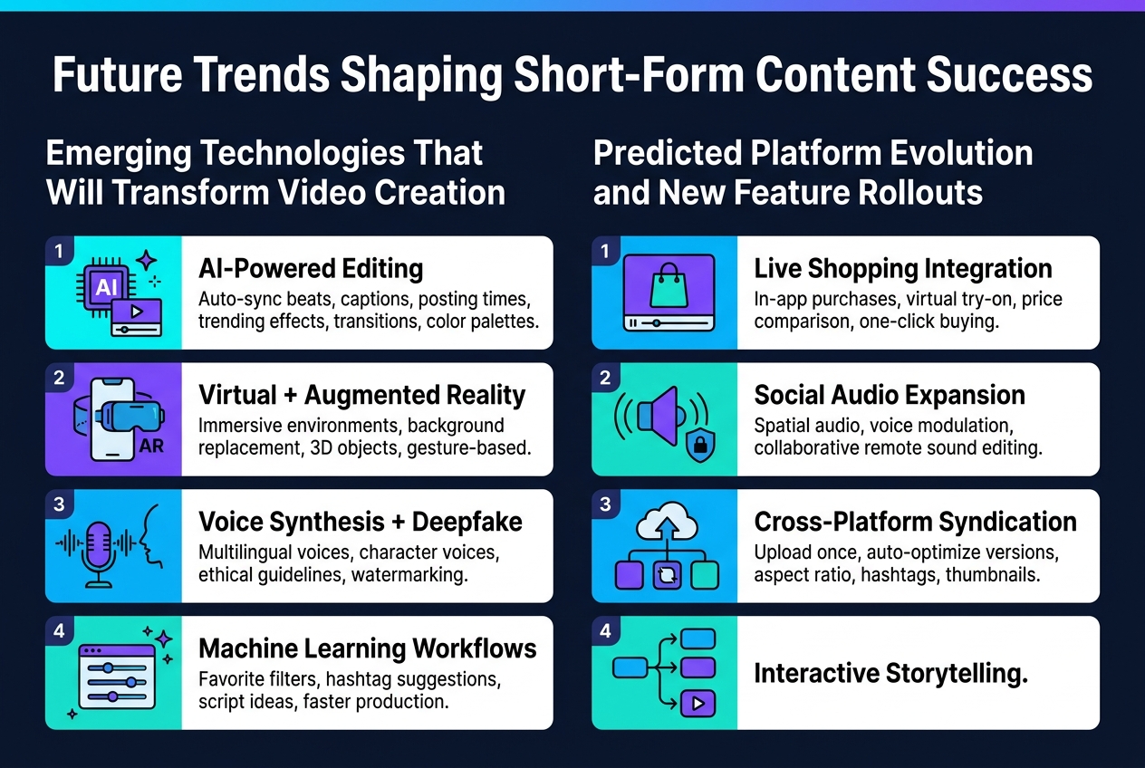 Create a clean, professional full-bleed infographic illustration in 3:2 aspect ratio with a modern tech style, dark navy background, bright cyan, electric purple, teal, and white accents, bold sans-serif typography, and crisp vector icons. Place a large bold title across the top: "Future Trends Shaping Short-Form Content Success". Under the title, arrange the content in two wide horizontal columns with clear section headers, numbered blocks, and matching icons.

Top section, left column header: "Emerging Technologies That Will Transform Video Creation". Use five stacked horizontal cards with icons on the left and short text on the right:
1. A glowing AI chip and editing timeline icon. Text: "AI-Powered Editing" and smaller line: "Auto-sync beats, captions, posting times, trending effects, transitions, color palettes."
2. A smartphone inside a VR headset with AR overlay icon. Text: "Virtual + Augmented Reality" and smaller line: "Immersive environments, background replacement, 3D objects, gesture-based interaction."
3. A microphone with a waveform and a stylized face silhouette icon. Text: "Voice Synthesis + Deepfake" and smaller line: "Multilingual voices, character voices, ethical guidelines, watermarking."
4. A personalized dashboard with sliders and sparkles icon. Text: "Machine Learning Workflows" and smaller line: "Favorite filters, hashtag suggestions, script ideas, faster production."

Top section, right column header: "Predicted Platform Evolution and New Feature Rollouts". Use five stacked horizontal cards with icons on the left and short text on the right:
1. A shopping bag inside a video frame icon. Text: "Live Shopping Integration" and smaller line: "In-app purchases, virtual try-on, price comparison, one-click buying."
2. A speaker with surrounding sound waves and a privacy shield icon. Text: "Social Audio Expansion" and smaller line: "Spatial audio, voice modulation, collaborative remote sound editing."
3. A connected upload cloud across multiple app tiles icon. Text: "Cross-Platform Syndication" and smaller line: "Upload once, auto-optimize versions, aspect ratio, hashtags, thumbnails."
4. A branching story path with choice buttons and a play icon. Text: "Interactive Storytelling