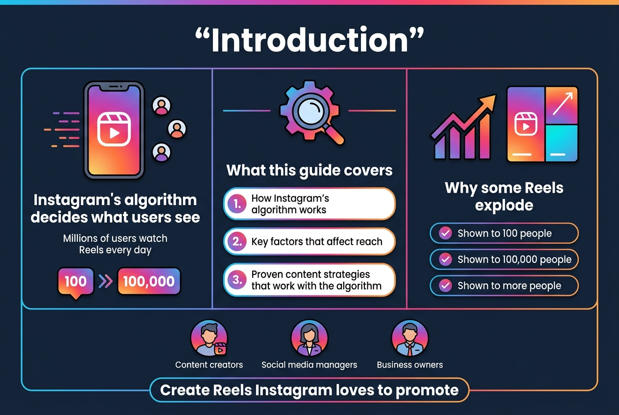 Full-bleed infographic illustration in 3:2 aspect ratio, clean professional social media style, modern flat vector design, dark navy background with bright Instagram-inspired gradients of pink, purple, orange, and cyan, crisp white sans-serif typography, strong visual hierarchy.

Top center: large bold heading text in quotes, “Introduction”.

Below the heading, a wide three-column layout with clear section blocks and icons:

Left section:
A large Instagram Reels phone screen icon with motion lines and small audience avatars.
Bold subheading text: “Instagram’s algorithm decides what users see”
Smaller supporting text: “Millions of users watch Reels every day”
Add a number badge icon with “100” and “100,000” in a comparison arrow graphic.

Center section:
A gear-and-magnifying-glass icon above a bold subheading: “What this guide covers”
Three numbered horizontal callout cards:
“1. How Instagram’s algorithm works”
“2. Key factors that affect reach”
“3. Proven content strategies that work with the algorithm”

Right section:
A rising graph icon and a split-screen Reel performance graphic.
Bold subheading text: “Why some Reels explode”
Three stacked mini points with checkmark icons:
“Shown to 100 people”
“Shown to 100,000 people”
“Shown to more people”

Bottom wide band across the full layout:
A creator, social media manager, and business owner icon trio with small labels:
“Content creators”
“Social media managers”
“Business owners”
Final bold closing line centered in a highlighted pill shape:
“Create Reels Instagram loves to promote”

Use clean section borders, rounded rectangles, subtle shadows, bright accent lines, and evenly spaced wide horizontal composition. No vertical poster frame, no narrow centered stack, no extra text.