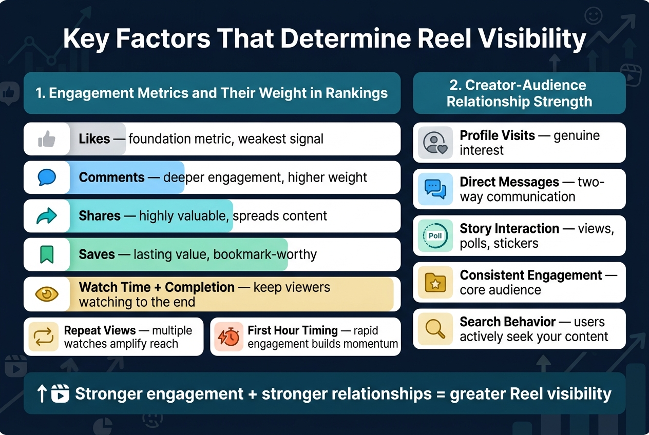 Create a full-bleed 3:2 landscape infographic with a clean modern social-media analytics style, dark navy background with teal, cyan, white, and gold accents, bold sans-serif typography, and clear visual hierarchy.

Top center title in large bold white text: "Key Factors That Determine Reel Visibility"

Below the title, arrange two wide horizontal sections in a 2-column layout with rounded cards and simple line icons.

LEFT SECTION HEADER: "1. Engagement Metrics and Their Weight in Rankings"
Use a stacked set of five horizontal metric bars with icons on the left and short text on the right, ordered from weakest to strongest.

1) Small gray thumbs-up icon with label: "Likes — foundation metric, weakest signal"
2) Blue speech bubble icon with label: "Comments — deeper engagement, higher weight"
3) Teal share arrow icon with label: "Shares — highly valuable, spreads content"
4) Green bookmark icon with label: "Saves — lasting value, bookmark-worthy"
5) Gold looping eye icon with label: "Watch Time + Completion — keep viewers watching to the end"

Under the bars, add two smaller callout boxes:
- Gold repeat-loop icon with text: "Repeat Views — multiple watches amplify reach"
- Red/orange lightning clock icon with text: "First Hour Timing — rapid engagement builds momentum"

RIGHT SECTION HEADER: "2. Creator-Audience Relationship Strength"
Use five vertically stacked mini-cards with icons and short labels.

1) Profile icon with heart: "Profile Visits — genuine interest"
2) Chat bubble icon: "Direct Messages — two-way communication"
3) Story ring icon with poll sticker: "Story Interaction — views, polls, stickers"
4) Star/folder icon: "Consistent Engagement — core audience"
5) Search magnifier icon: "Search Behavior — users actively seek your content"

Add a bold center-bottom summary banner spanning the width with an upward arrow and reel icon:
"Stronger engagement + stronger relationships = greater Reel visibility"

Use subtle background elements of faint analytics lines, upward arrows, and social icons. Keep spacing open, typography crisp, and all text readable.