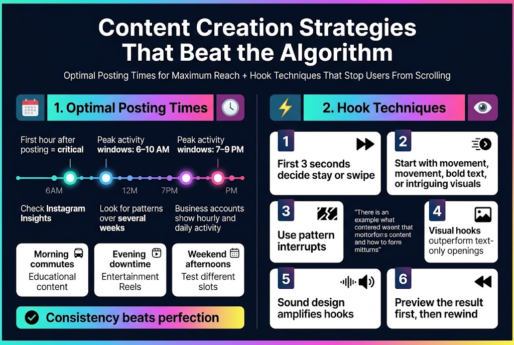 Create a clean, professional full-bleed infographic in 3:2 aspect ratio with a modern Instagram/social media style. Use a dark navy-to-black background with bright gradient accents in teal, purple, pink, and yellow. Use bold sans-serif typography, high contrast white text, and clear visual hierarchy. No frame, no poster border, no inset margins. Layout should be wide and horizontal with two main content columns and a top title bar.

TOP HEADER:
Large bold title centered at the top: "Content Creation Strategies That Beat the Algorithm"
Small subtitle beneath it: "Optimal Posting Times for Maximum Reach + Hook Techniques That Stop Users From Scrolling"

LEFT COLUMN SECTION 1:
Header in a colored block: "1. Optimal Posting Times"
Use a calendar icon and clock icon beside the header.
Add a horizontal timeline graphic with glowing dots and time markers.
Include these short text blocks:
- "First hour after posting = critical"
- "Peak activity windows: 6–10 AM"
- "Peak activity windows: 7–9 PM"
- "Check Instagram Insights"
- "Look for patterns over several weeks"
- "Business accounts show hourly and daily activity"
Add three small labeled cards with icons:
- Morning commutes: "Educational content"
- Evening downtime: "Entertainment Reels"
- Weekend afternoons: "Test different slots"
Add a final highlighted note strip with a checkmark icon:
- "Consistency beats perfection"

RIGHT COLUMN SECTION 2:
Header in a colored block: "2. Hook Techniques"
Use a lightning bolt icon and an eye icon beside the header.
Arrange six numbered mini-panels with bold number badges and small visual symbols:
1. "First 3 seconds decide stay or swipe" with a fast-play icon
2. "Start with movement, bold text, or intriguing visuals" with motion lines icon
3. "Use pattern interrupts" with a broken pattern icon
4. "Visual hooks outperform text-only openings" with image frame icon
5. "Sound design amplifies hooks" with speaker and waveform icon
6. "Preview the result first, then rewind" with rewind arrow icon
Include short example quote in a callout