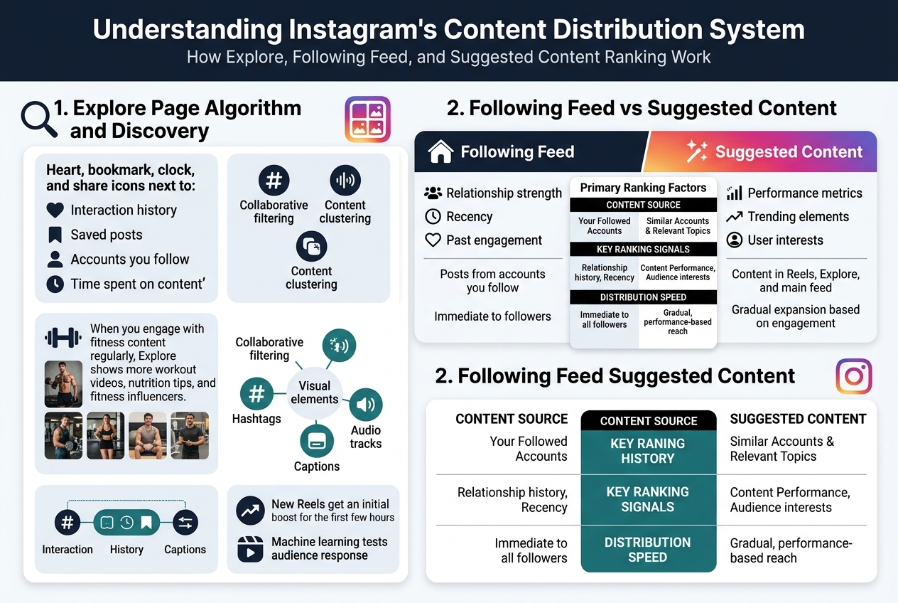 Create a clean, professional infographic in a 3:2 aspect ratio, full-bleed layout, with a dark navy-to-white modern tech palette, accented by Instagram gradient pink-purple-orange highlights, teal, and gold. Use bold sans-serif typography for headings and smaller readable sans-serif text for body copy. 

Top header across the full width:
"Understanding Instagram's Content Distribution System"
Subtitle beneath in smaller text:
"How Explore, Following Feed, and Suggested Content Ranking Work"

Main layout: wide horizontal infographic with three major sections arranged in columns and blocks, not a vertical poster.

LEFT SECTION: "1. Explore Page Algorithm and Discovery"
Place a magnifying glass icon and a grid-of-posts icon near the section title. Use a light card background with rounded corners.
Include four stacked bullet blocks with small icons:
- Heart, bookmark, clock, and share icons next to:
"Interaction history"
"Saved posts"
"Accounts you follow"
"Time spent on content"
Add a fitness-themed example block with a dumbbell icon and mini content thumbnails:
"When you engage with fitness content regularly, Explore shows more workout videos, nutrition tips, and fitness influencers."
Add a cluster diagram with connected circles and hashtag/audio icons labeled:
"Collaborative filtering"
"Content clustering"
"Visual elements"
"Hashtags"
"Audio tracks"
"Captions"
Add a small rising arrow badge and reel icon with text:
"New Reels get an initial boost for the first few hours"
"Machine learning tests audience response"

CENTER SECTION: "2. Following Feed vs Suggested Content"
Place a split-screen comparison panel with a vertical divider.
Left side header with a home/feed icon:
"Following Feed"
Under it, use three icon-labeled lines:
"Relationship strength"
"Recency"
"Past engagement"
Smaller line beneath:
"Posts from accounts you follow"
"Immediate to followers"
Right side header with a sparkle/trending icon:
"Suggested Content"
Under it, use three icon-labeled lines:
"Performance metrics"
"Trending elements"
"User interests"
Smaller line beneath:
"Content in Reels, Explore, and main feed"
"Gradual expansion based on engagement"
Between the two sides, place a small comparison table with clean lines and bold row labels:
"Primary Ranking Factors"