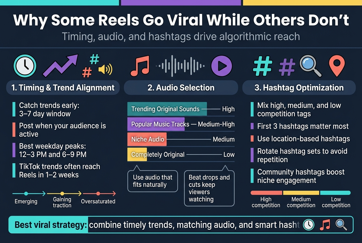 Create a clean, modern infographic in 3:2 landscape ratio, full-bleed layout with no frame or inset border, wide horizontal composition, professional social-media style, crisp vector graphics, dark navy background with teal, purple, coral, and yellow accents, white sans-serif typography with bold headings.

Top banner across full width:
Large bold title in white: "Why Some Reels Go Viral While Others Don't"
Smaller subtitle beneath in light gray: "Timing, audio, and hashtags drive algorithmic reach"

Main body divided into three wide horizontal sections with icons and numbered labels:

Left section titled "1. Timing & Trend Alignment" with a clock icon, rising trend arrow, and small hashtag/sound wave symbols.
Include 4 short bullet blocks:
"Catch trends early: 3–7 day window"
"Post when your audience is active"
"Best weekday peaks: 12–3 PM and 6–9 PM"
"TikTok trends often reach Reels in 1–2 weeks"
Add a small timeline graphic showing "Emerging" -> "Gaining traction" -> "Oversaturated"

Center section titled "2. Audio Selection" with a music note icon, waveform, and play button symbol.
Include a compact comparison chart with four rows:
"Trending Original Sounds — High"
"Popular Music Tracks — Medium-High"
"Niche Audio — Medium"
"Completely Original — Low"
Add two small callout boxes:
"Use audio that fits naturally"
"Beat drops and cuts keep viewers watching"

Right section titled "3. Hashtag Optimization" with a hashtag icon, magnifying glass, and location pin.
Include 5 short bullet blocks:
"Mix high, medium, and low competition tags"
"First 3 hashtags matter most"
"Use location-based hashtags"
"Rotate hashtag sets to avoid repetition"
"Community hashtags boost niche engagement"
Add a small segmented bar labeled:
"High competition" "Medium competition" "Low competition"

Bottom strip across the full width with a final takeaway panel, highlighted in teal:
"Best viral strategy: combine timely trends, matching audio, and smart hashtag research"
Include small icons of a clock, music note,