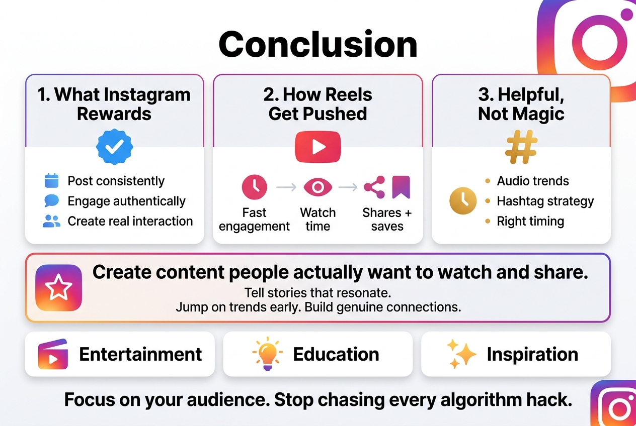 3:2 landscape infographic, full-bleed layout, clean modern professional design, white background with Instagram gradient accents (purple, pink, orange), bold sans-serif typography, strong visual hierarchy.

Top center: large bold heading text in black: "Conclusion"

Below the heading, wide horizontal 3-column layout with rounded rectangular sections and clear icons:

Left section titled in bold: "1. What Instagram Rewards"
Include a blue checkmark icon and 3 short bullet lines with small icons:
- "Post consistently"
- "Engage authentically"
- "Create real interaction"

Center section titled in bold: "2. How Reels Get Pushed"
Include a red play button icon and a horizontal flow of 3 metric icons:
- clock icon with text "Fast engagement"
- eye icon with text "Watch time"
- share and bookmark icons with text "Shares + saves"

Right section titled in bold: "3. Helpful, Not Magic"
Include a gold hashtag icon and a small clock icon with 3 bullet lines:
- "Audio trends"
- "Hashtag strategy"
- "Right timing"

Bottom wide band across the full image with a highlighted callout box and a star icon on the left. Use slightly larger text for the main message:
"Create content people actually want to watch and share."
Under it, smaller text in two lines:
"Tell stories that resonate."
"Jump on trends early. Build genuine connections."

Final bottom row with 3 colorful value icons in separate mini-cards:
- entertainment icon with text "Entertainment"
- lightbulb icon with text "Education"
- sparkles icon with text "Inspiration"

Include a closing statement in bold at the bottom center:
"Focus on your audience. Stop chasing every algorithm hack."

Use clean spacing, subtle shadows, crisp vector style, balanced wide composition, no narrow vertical stack, no inset frame.