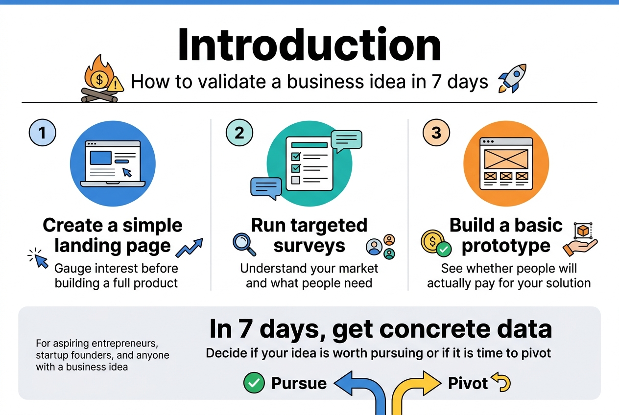 Create a clean, modern infographic illustration in a full-bleed 3:2 landscape layout with a professional startup theme, white background with blue, teal, and orange accents, bold sans-serif typography, and strong visual hierarchy.

Top header across the full width:
Large bold title text: "Introduction"
Smaller subtitle beneath: "How to validate a business idea in 7 days"
Add a simple fire pit icon with a dollar sign and warning symbol near the subtitle, plus a small rocket icon on the opposite side.

Main center section in three wide horizontal columns or blocks, not a vertical stack:

Left block:
Numbered circle "1"
Blue circular icon of a landing page on a laptop screen
Heading text: "Create a simple landing page"
Body text: "Gauge interest before building a full product"
Include a small cursor/click icon and an upward interest chart line.

Middle block:
Numbered circle "2"
Teal circular icon of a survey form with checkboxes and chat bubbles
Heading text: "Run targeted surveys"
Body text: "Understand your market and what people need"
Include a magnifying glass icon and small audience/avatar icons.

Right block:
Numbered circle "3"
Orange circular icon of a prototype wireframe or simple product model
Heading text: "Build a basic prototype"
Body text: "See whether people will actually pay for your solution"
Include a coin/checkmark icon and a hand holding a test product icon.

Bottom wide summary band spanning the page:
Large bold text: "In 7 days, get concrete data"
Smaller text below: "Decide if your idea is worth pursuing or if it is time to pivot"
Show a split decision arrow: left arrow labeled "Pursue" with a green checkmark, right arrow labeled "Pivot" with a yellow curved arrow.
Add small supporting text on the left side of the band: "For aspiring entrepreneurs, startup founders, and anyone with a business idea"

Use clean spacing, clear section dividers, subtle shadows, simple flat icons,